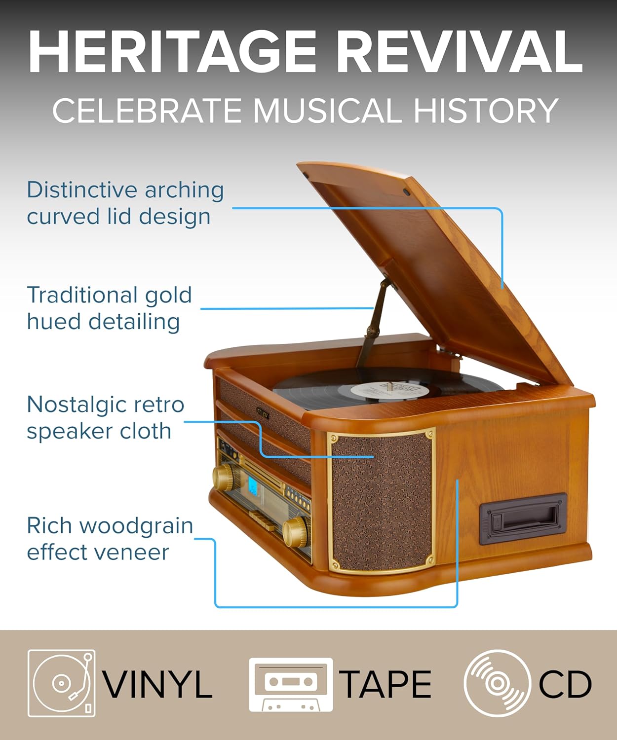 9 in 1 Retro Wooden Record Player CD Cassette Bluetooth