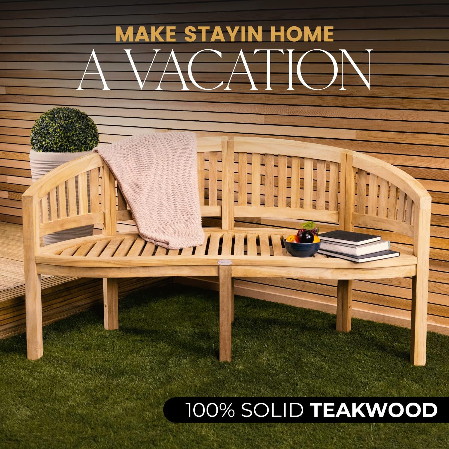 Teak Wood Banana Garden Bench w/ Cushion Curved Patio Seat 168cm Vertical