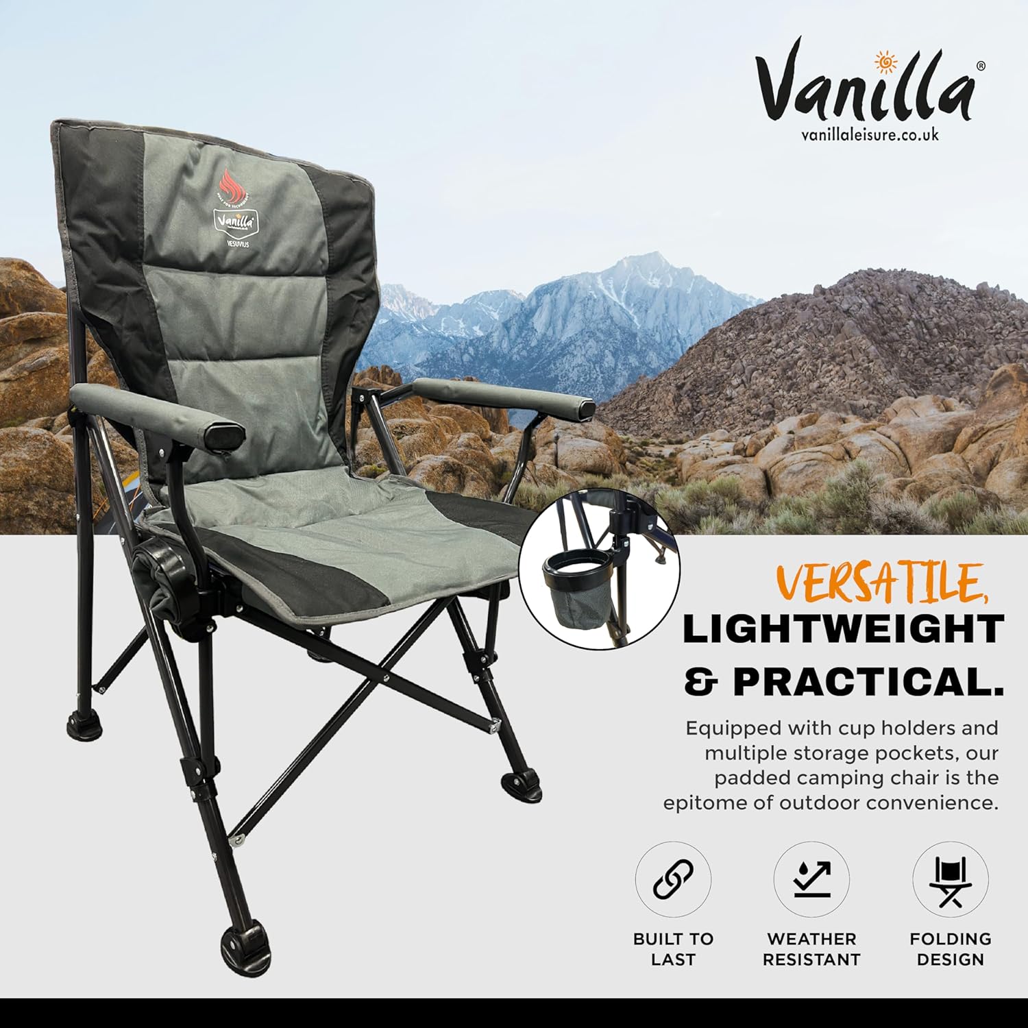 Heated Camping Chair Heavy Duty Foldable Grey