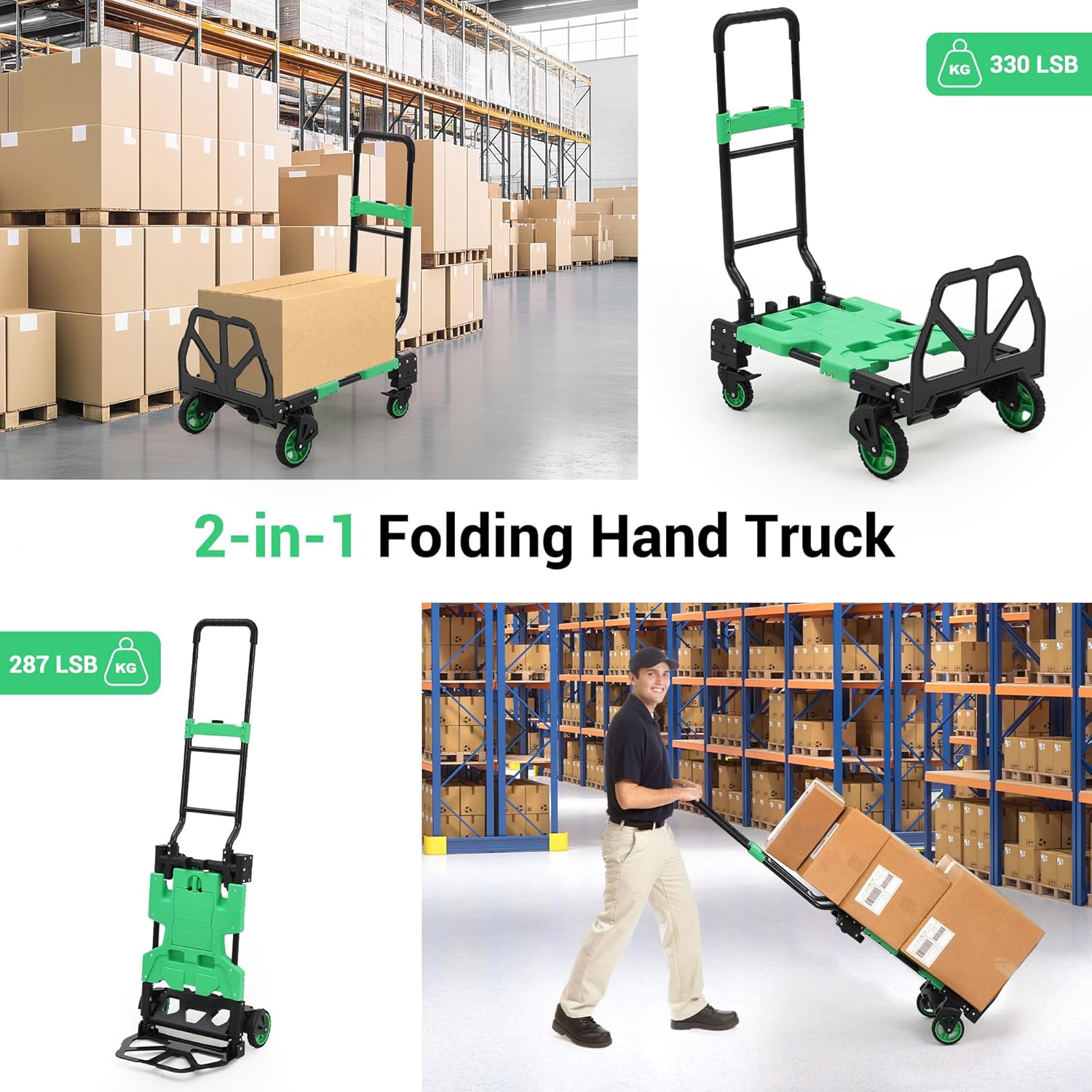 2 in 1 Folding Sack Truck Trolley 150KG Green Dolly