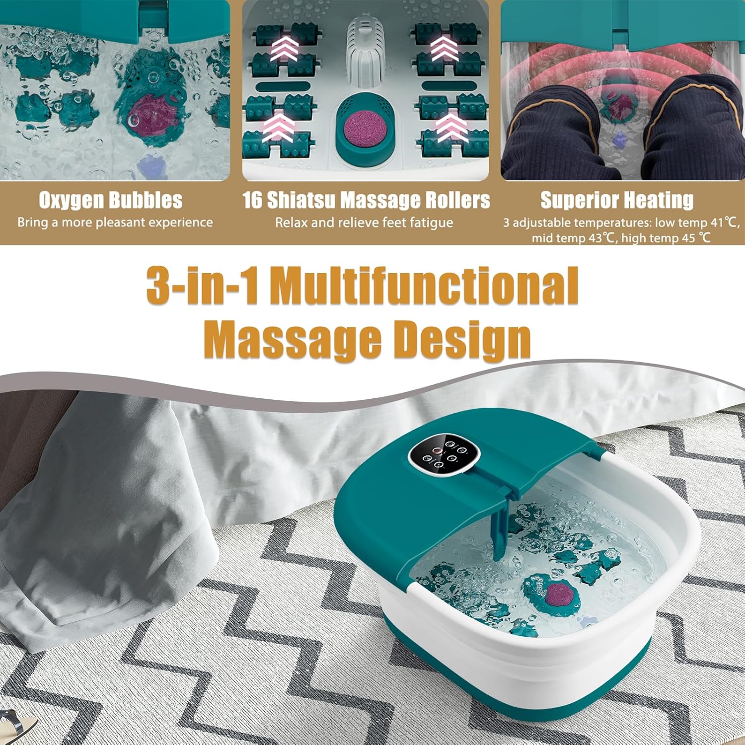 Foldable Foot Spa Massager Heat Bubble Rollers Remote Timer