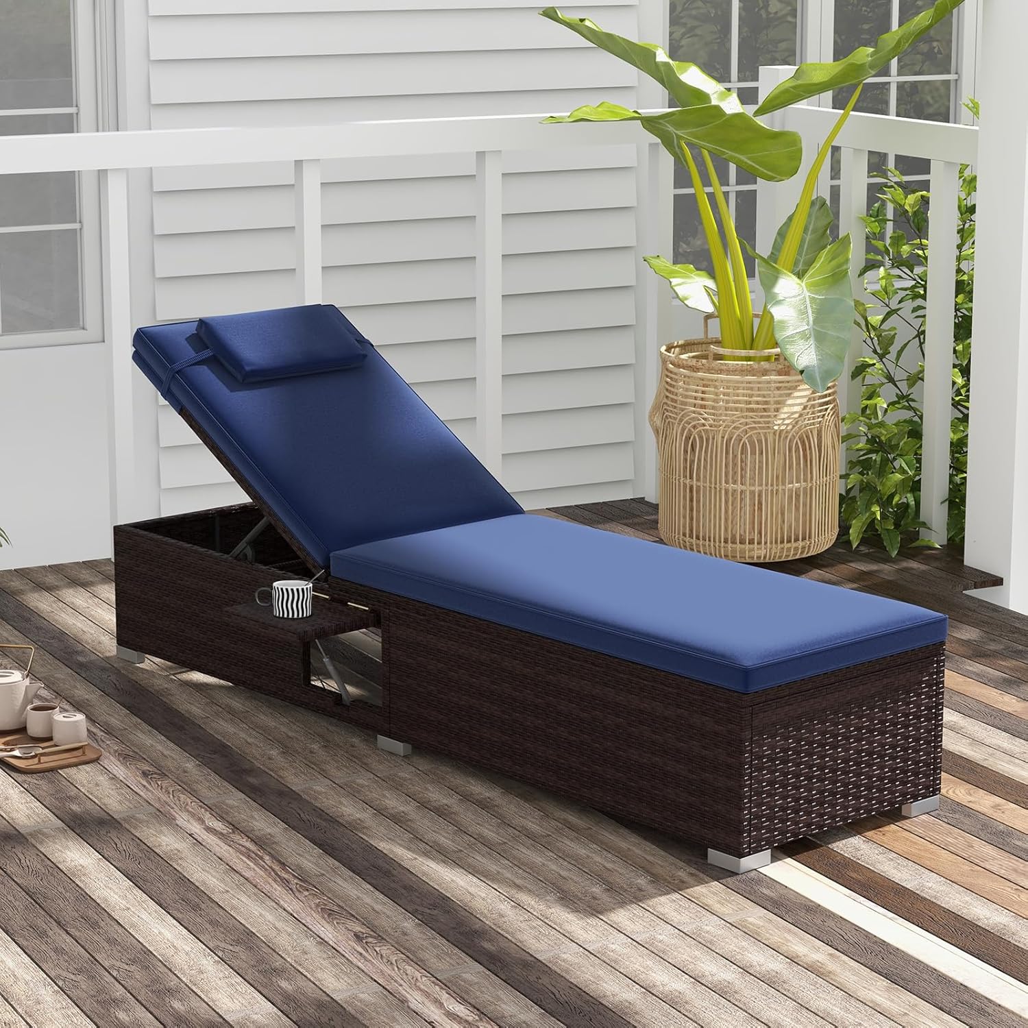 Rattan Sun Lounger Adjustable Garden Chaise with Cushion Table Navy