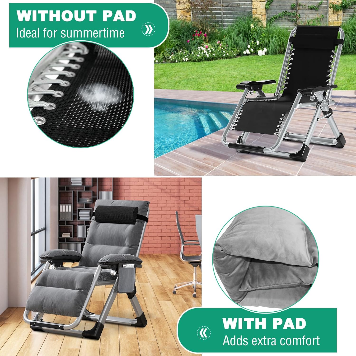 Folding Zero Gravity Garden Recliner Chair 200kg Grey