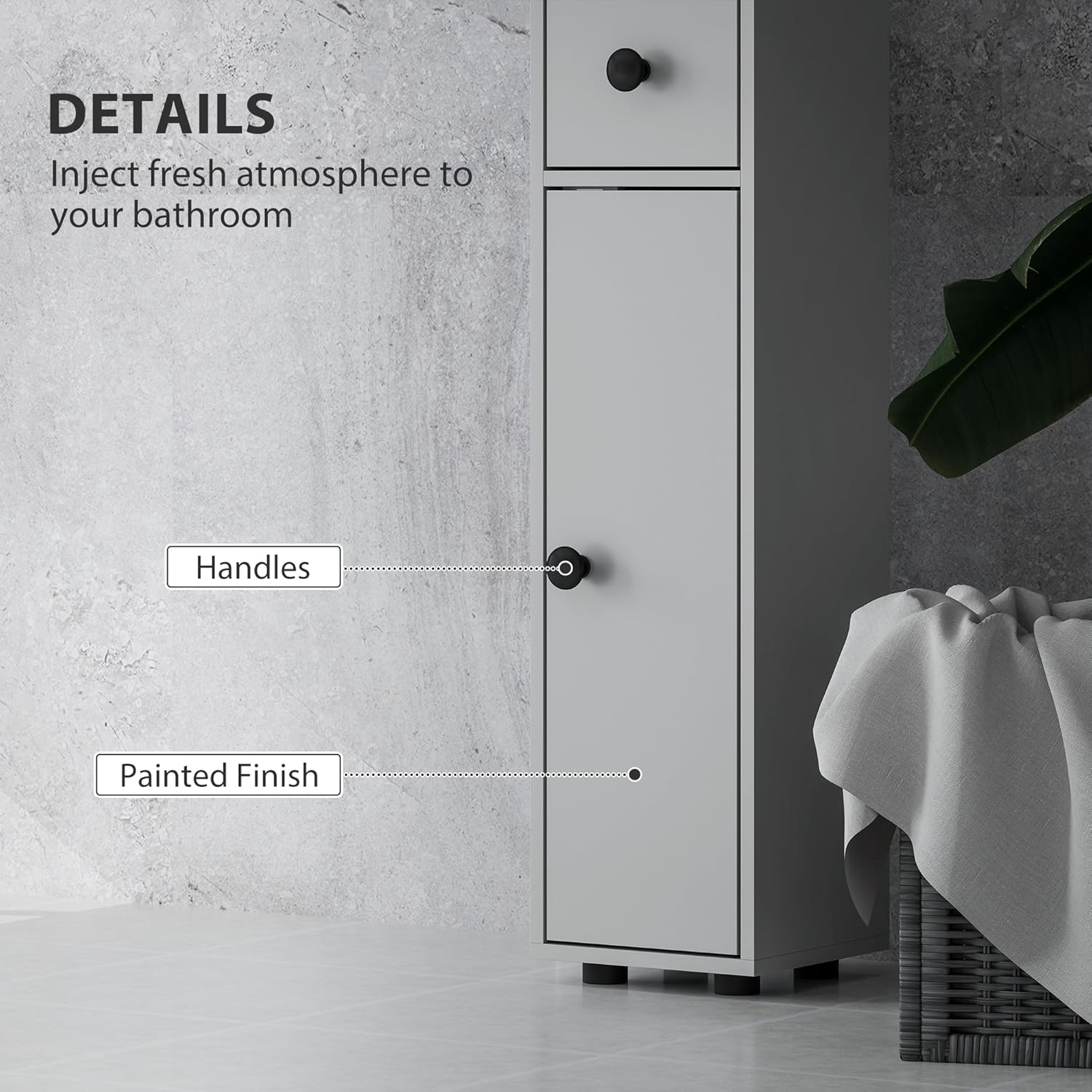 180cm Slim Bathroom Storage Cabinet 4 Shelves 2 Doors Grey