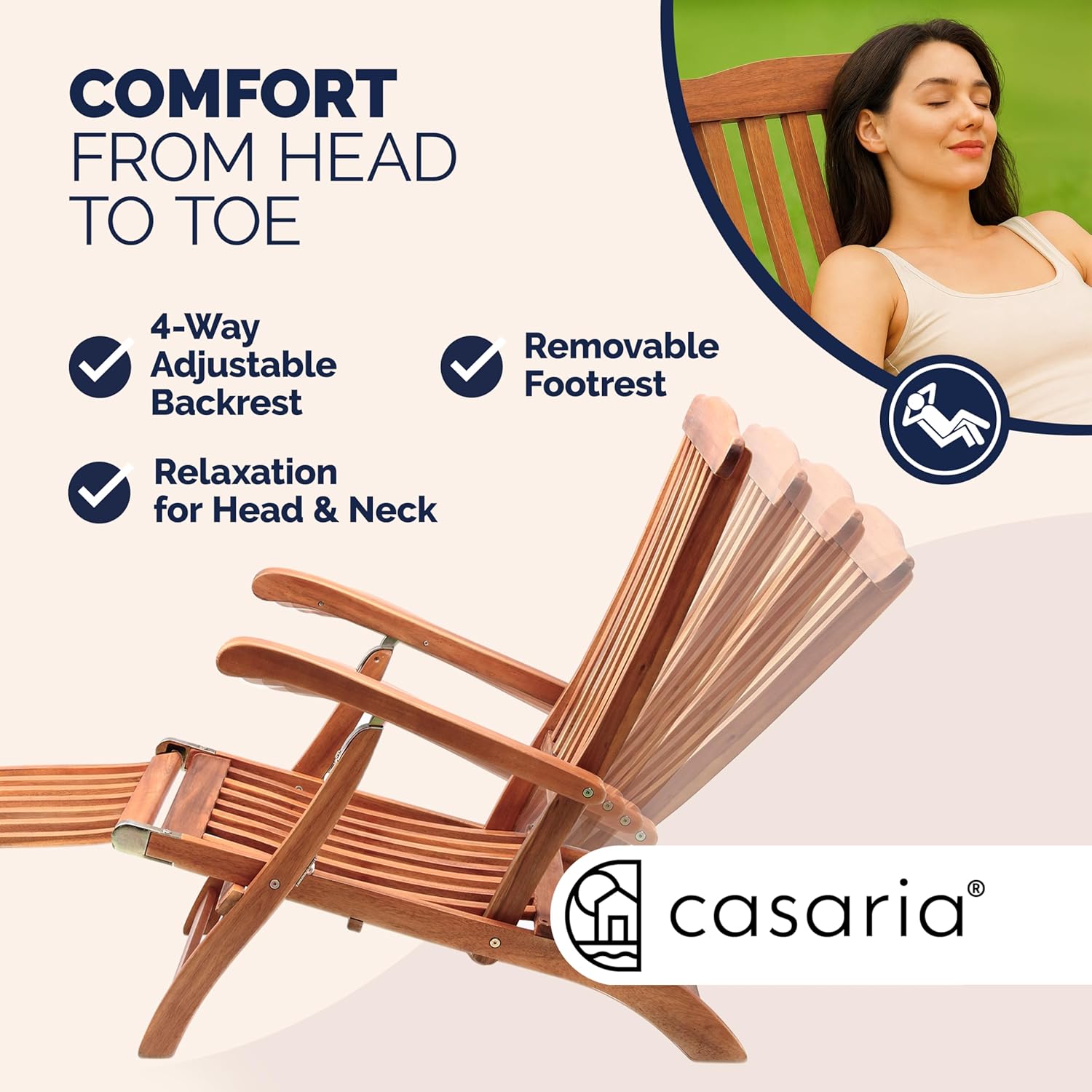Wooden Sun Lounger Acacia Recliner with Footrest Brown
