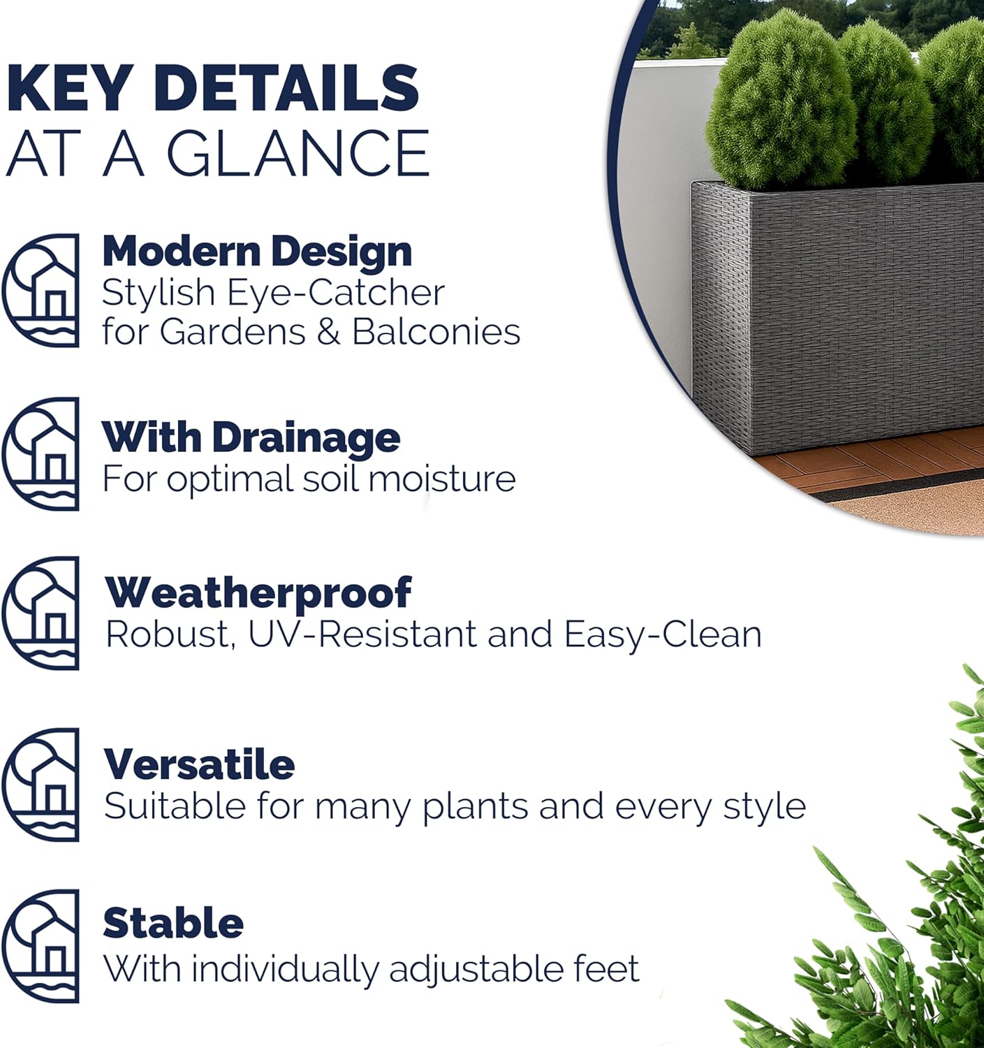 Large Tall Rattan Planter Box 83cm Grey with 3 Inner Pots