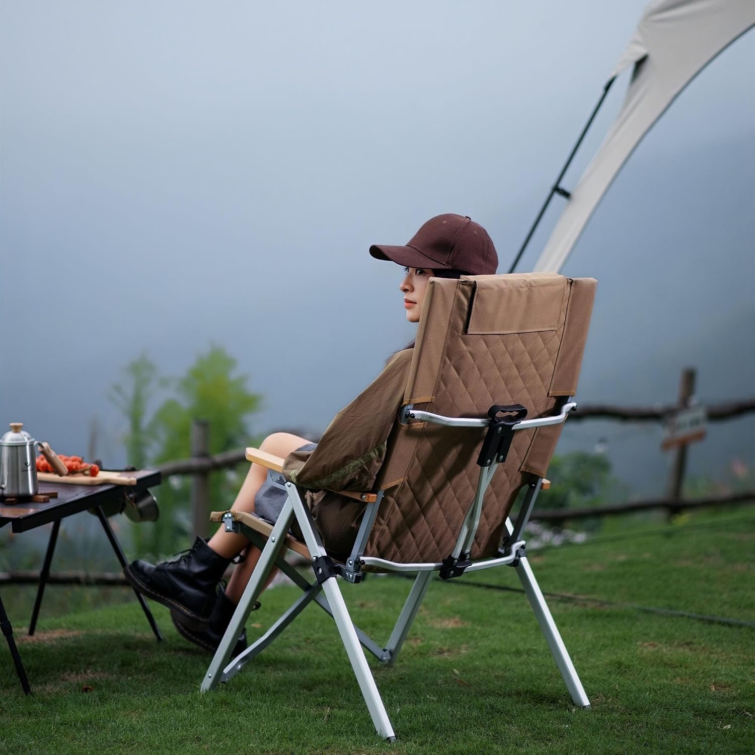 High Back Reclining Camping Chair 4 Position Khaki