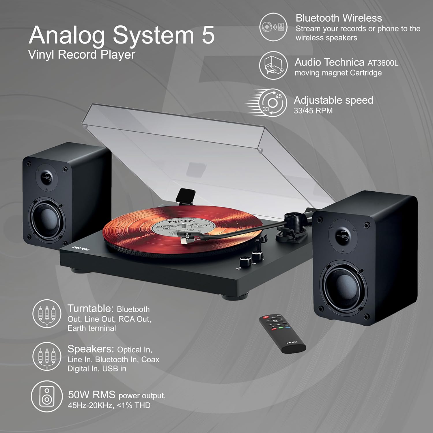Bluetooth Vinyl Record Player HiFi Turntable 50W Speakers Black