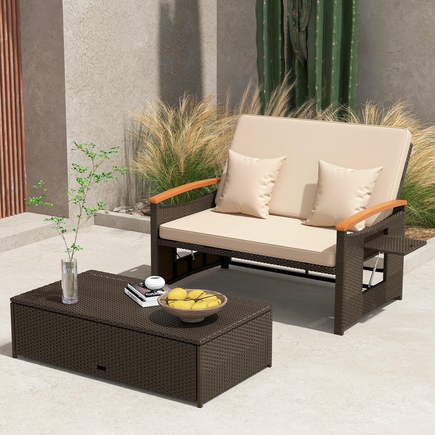 Outdoor Rattan Daybed Double Chaise Lounger Storage Ottoman Beige