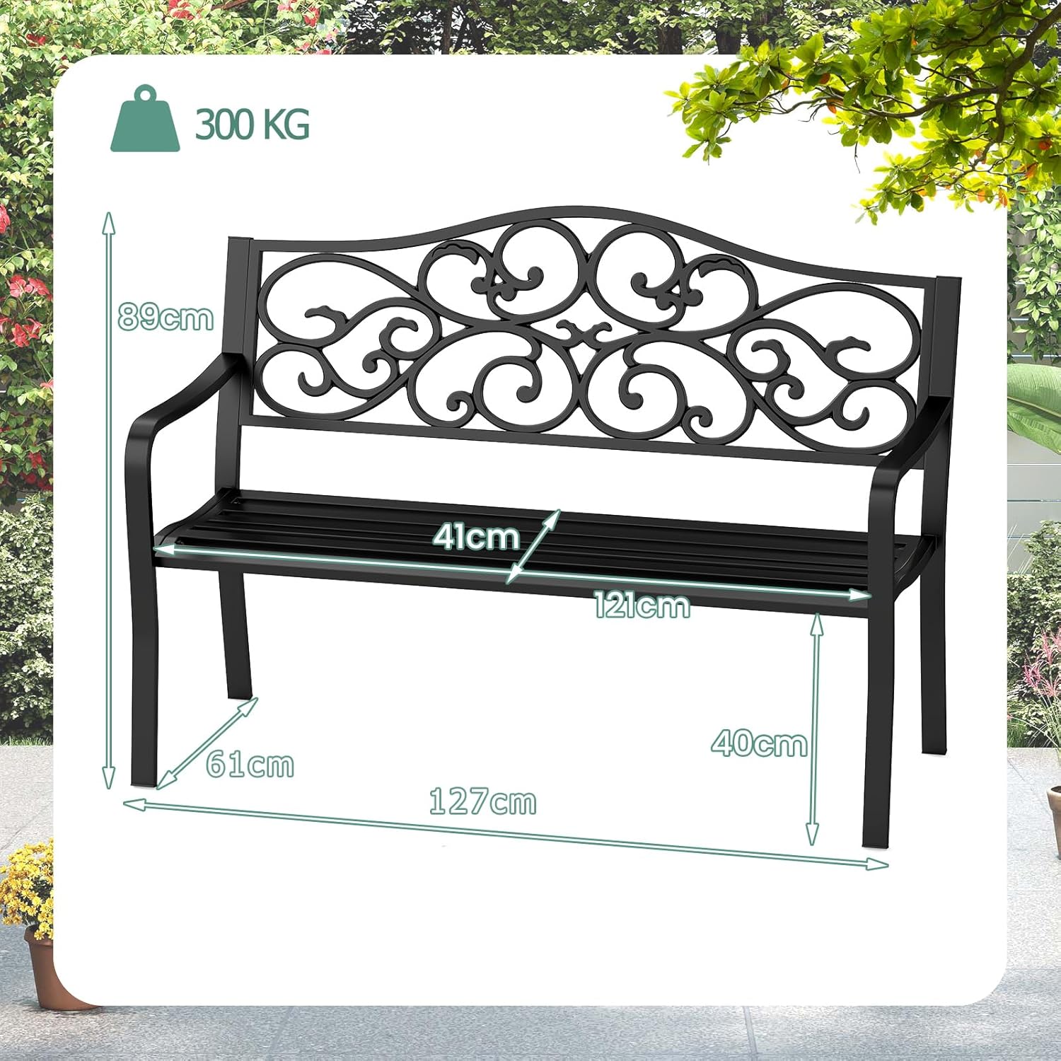 Metal Garden Bench 2-3 Seater Scroll Back Patio Seat Black