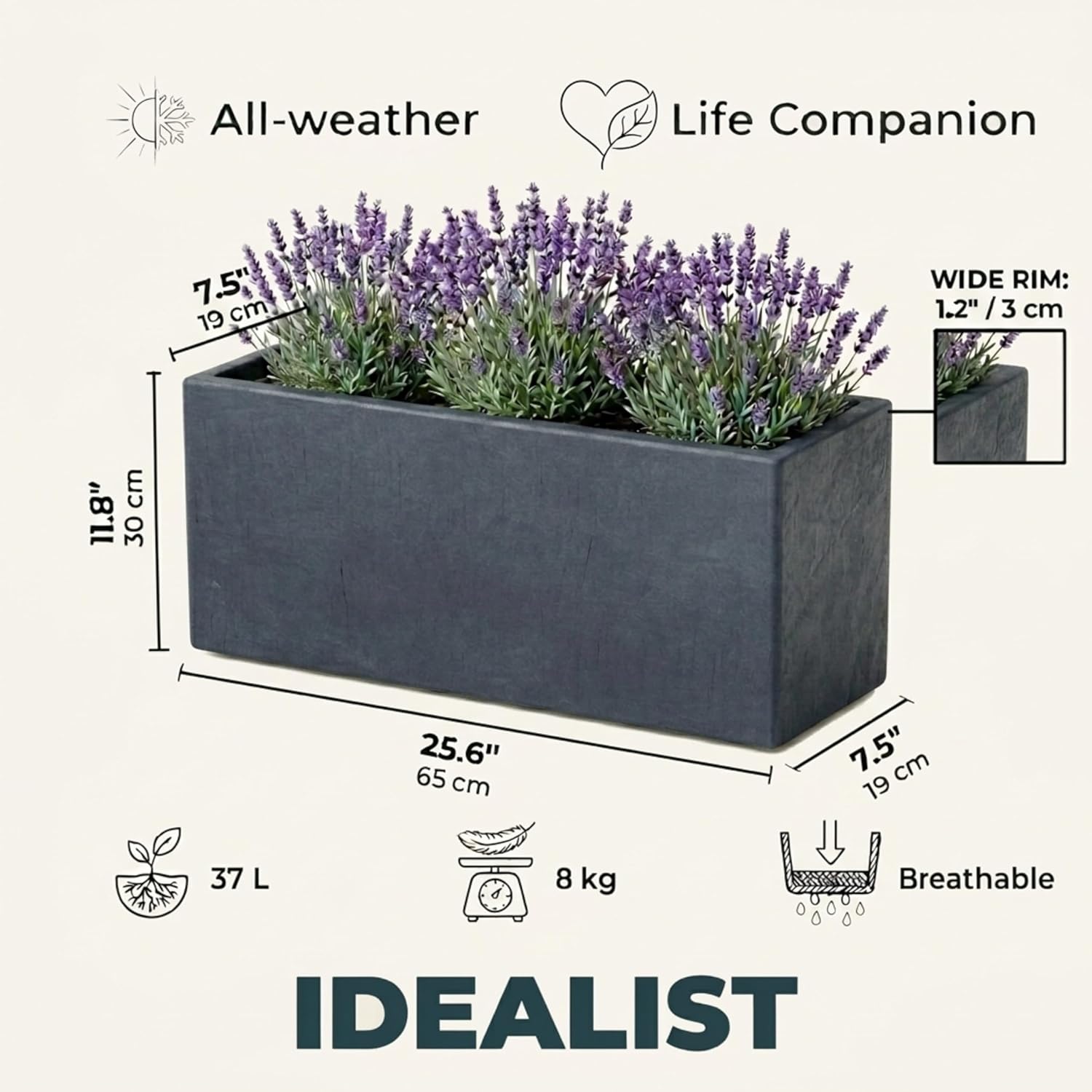 65cm Large Trough Planter Dark Grey Stone Effect Garden Pot