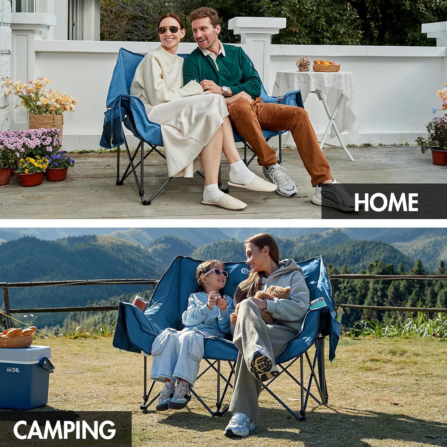 Double Camping Sofa Chair Foldable 2 Seater Blue
