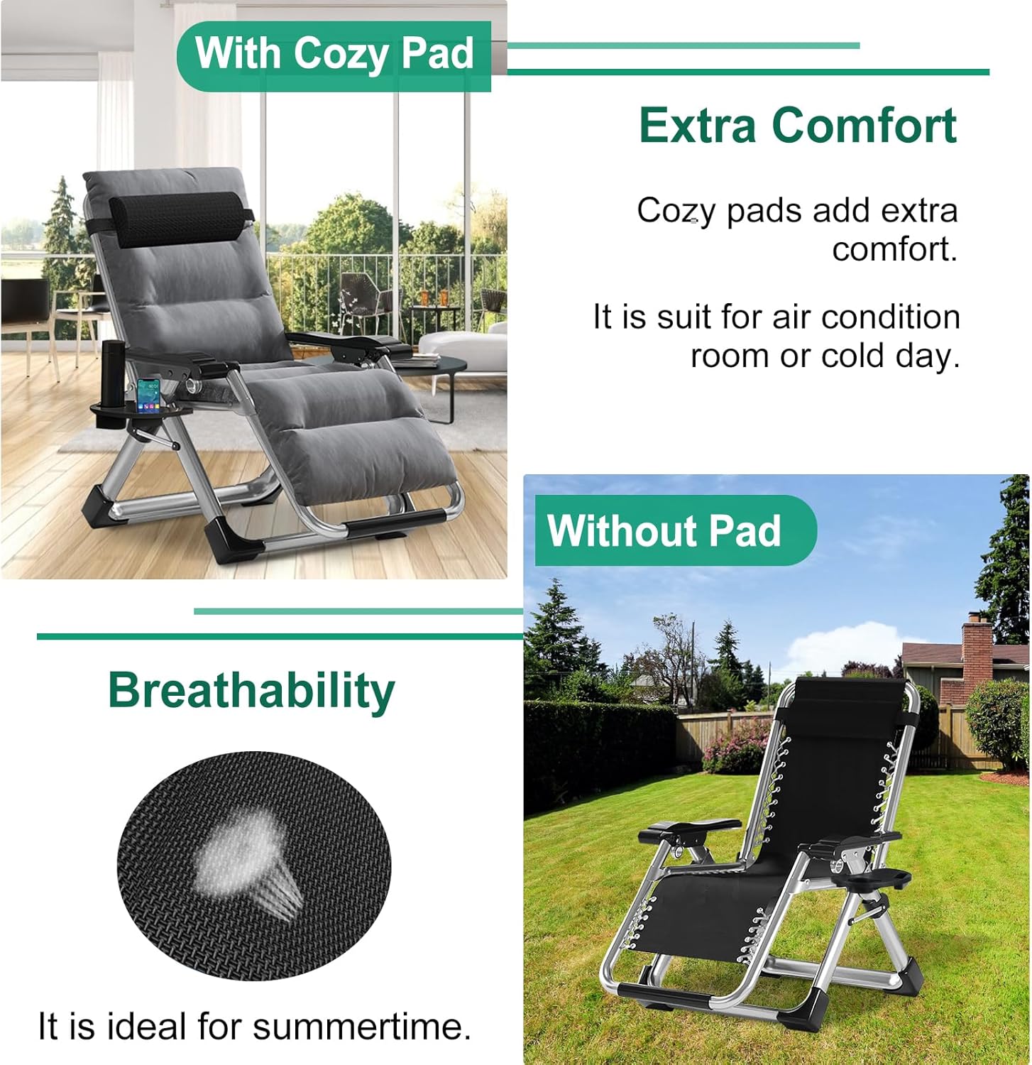Zero Gravity Recliner Chair Folding Garden Lounger 200kg Grey