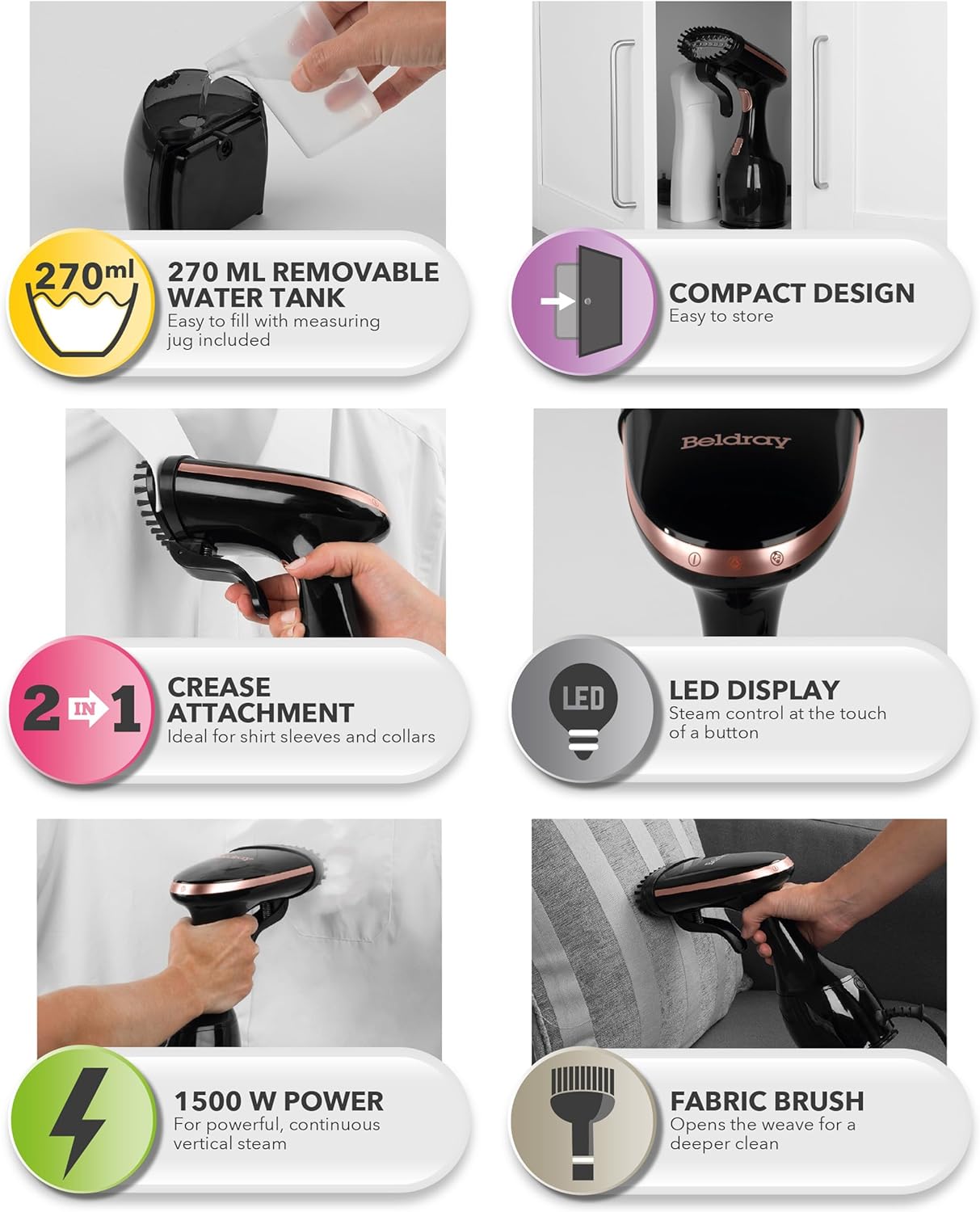 Handheld Clothes Steamer 1500W 270ml Tank Fast Heat 2 Modes