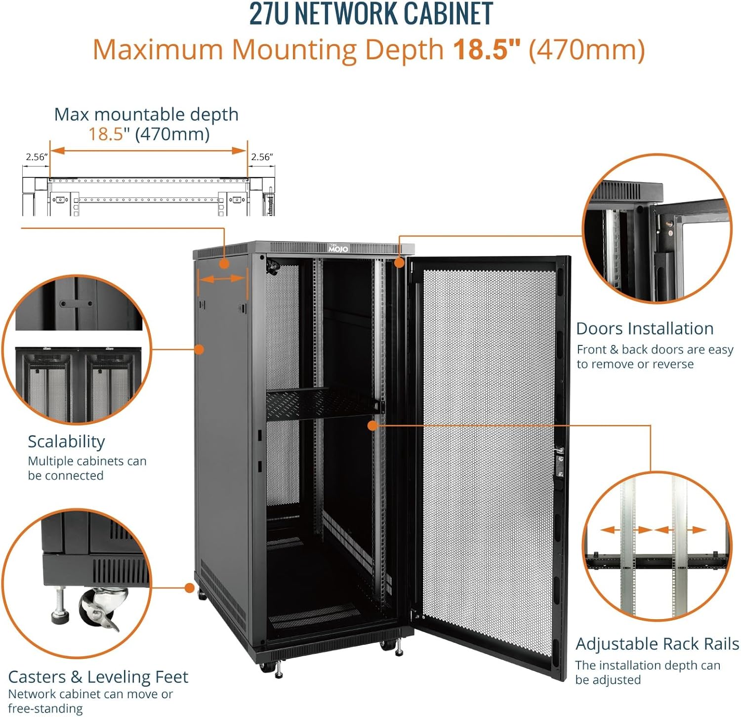 27U Free Standing Server Rack Cabinet Mesh Door 600mm