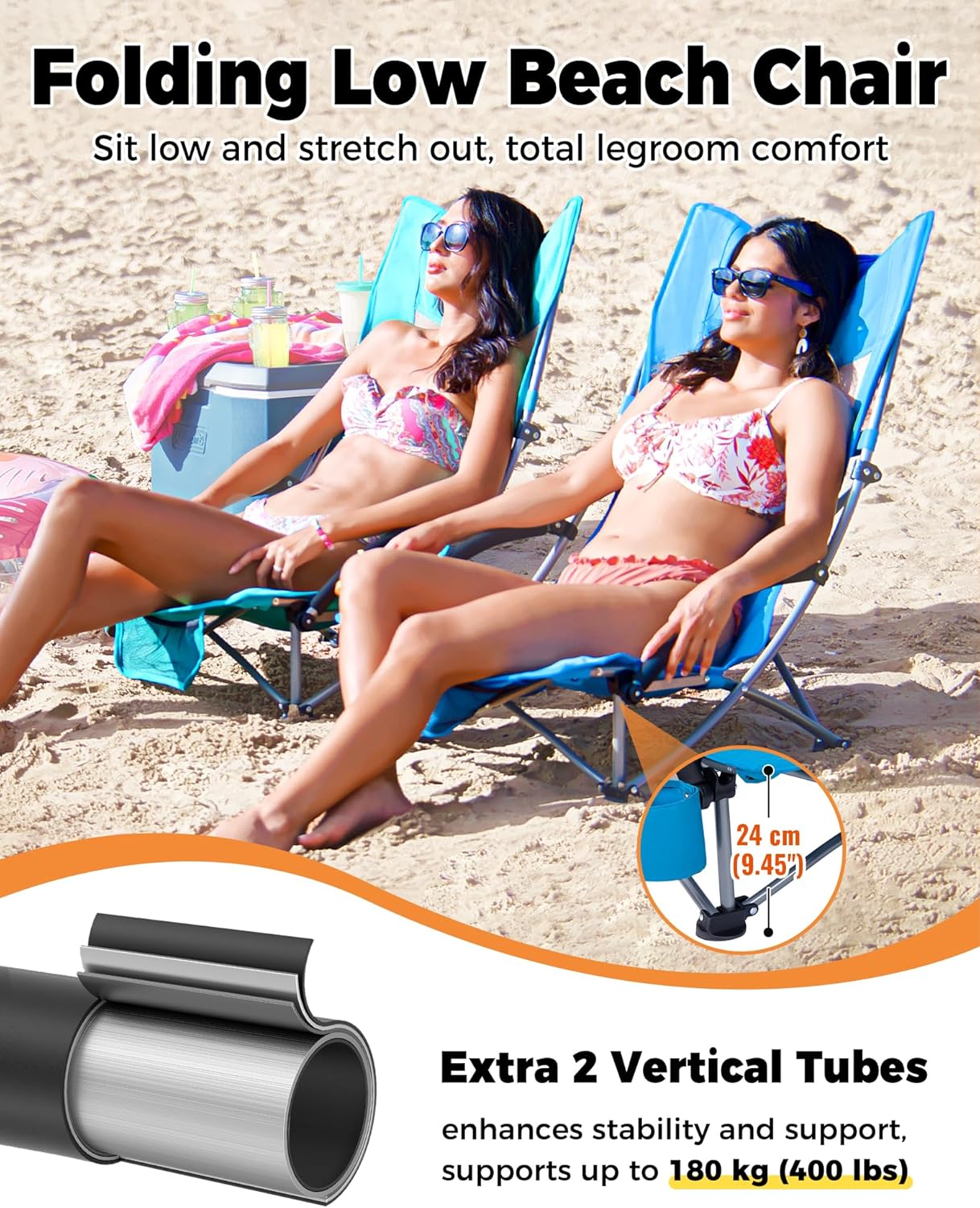 2 Pack Cyan Low Folding Beach Chairs Heavy Duty Portable Seats
