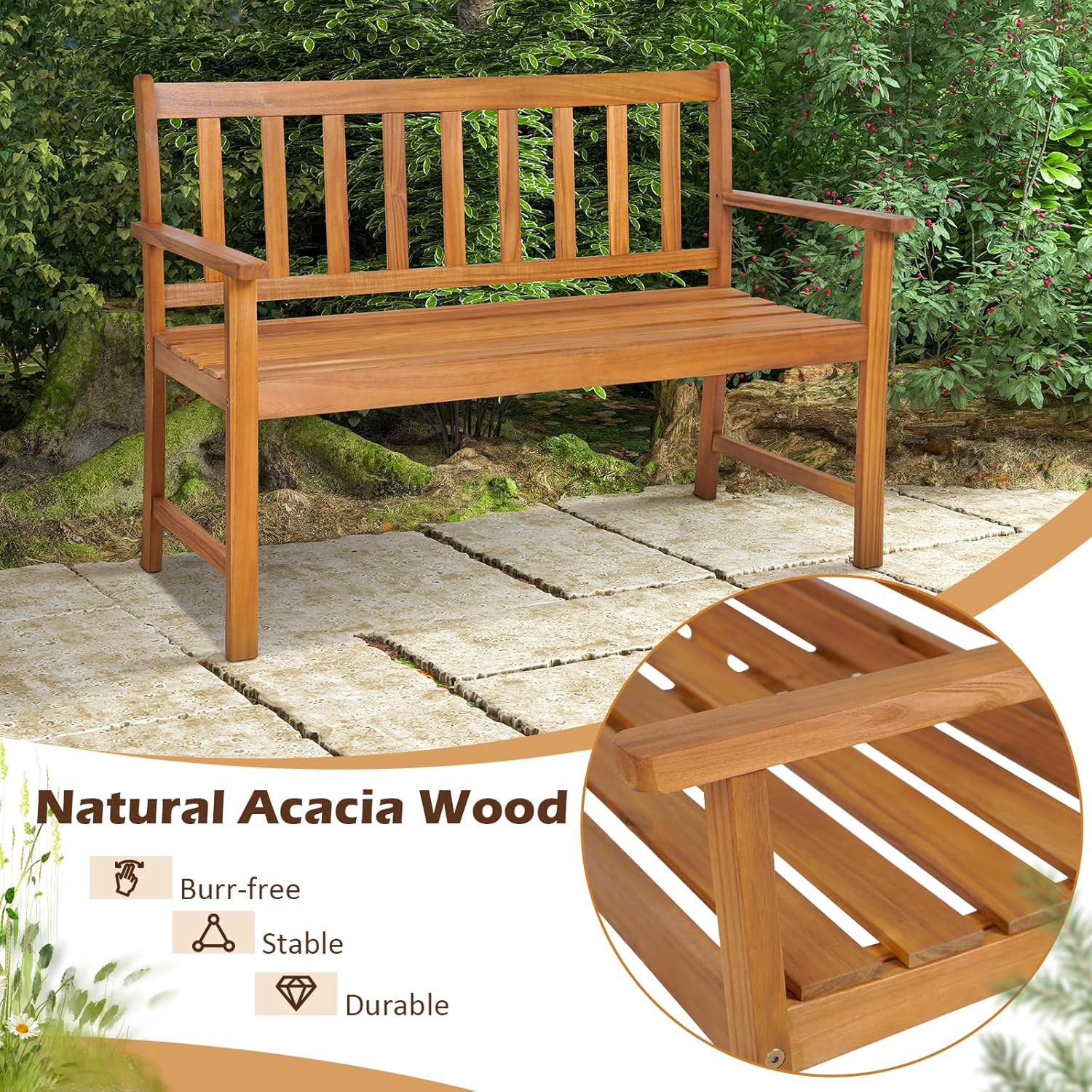 2 Seater Acacia Wood Garden Bench Heavy Duty Patio Loveseat Seat