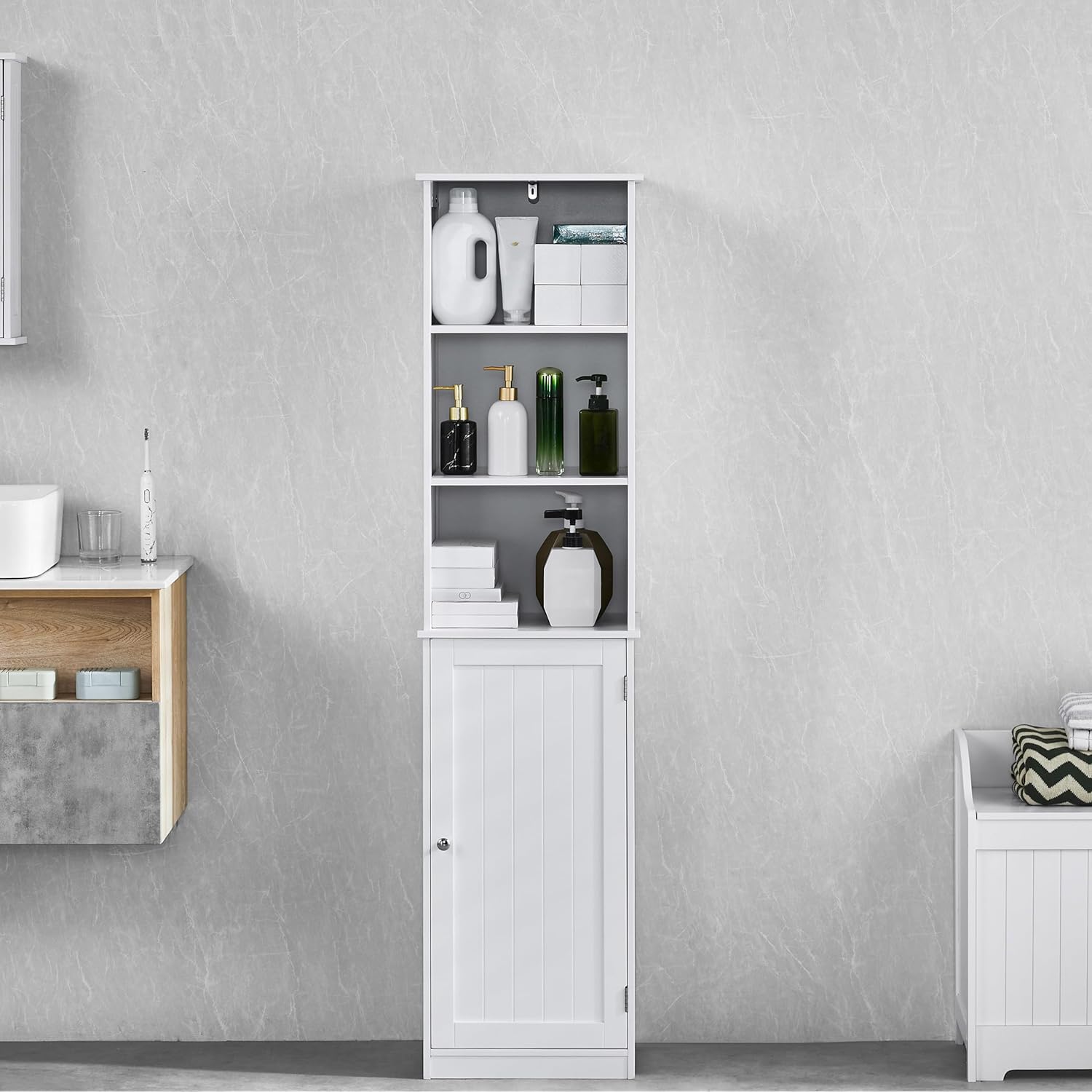 White Bathroom Tall Storage Cabinet Mirror Shelf Cupboard Unit