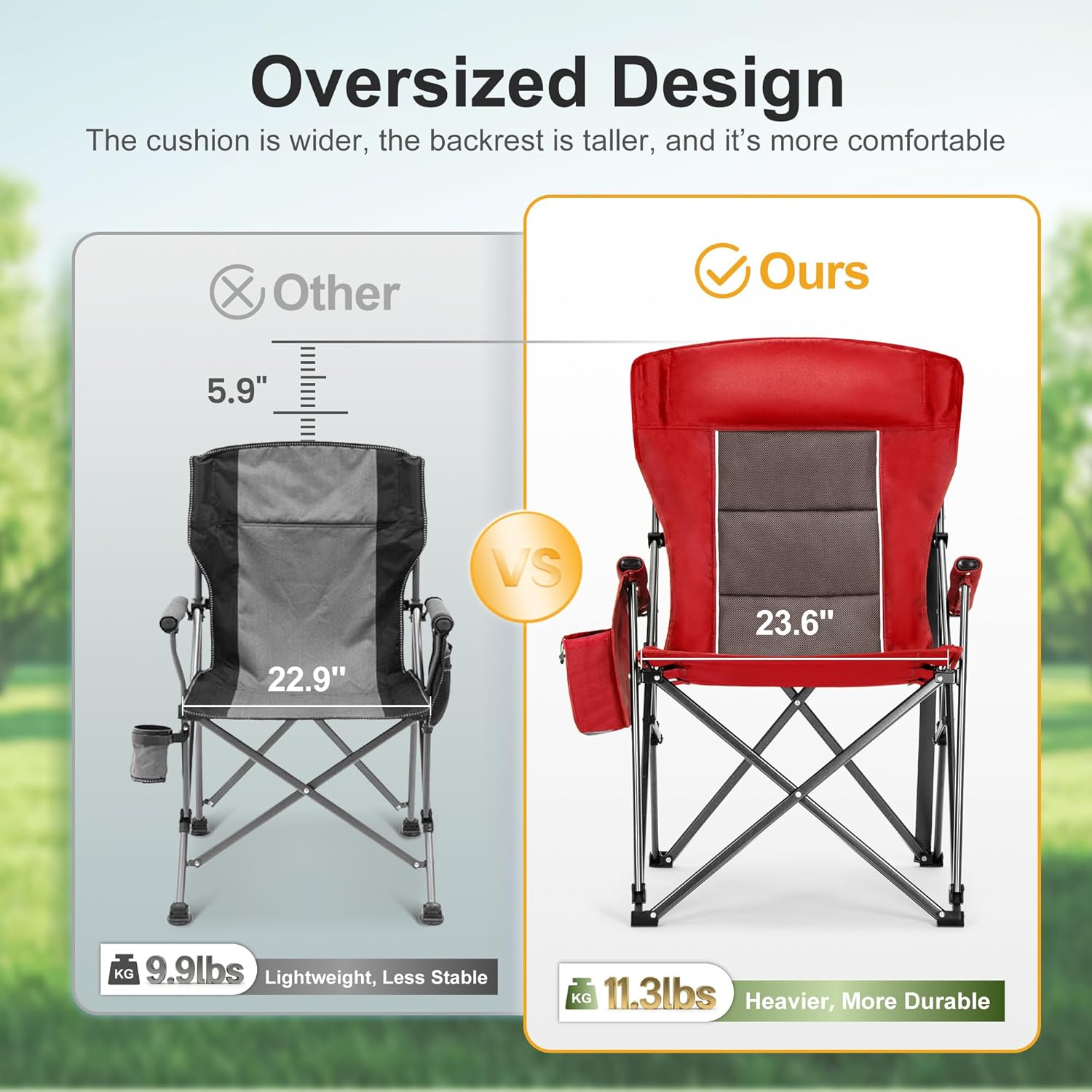 Set of 2 Oversized Camping Chairs 500LB High Back Red