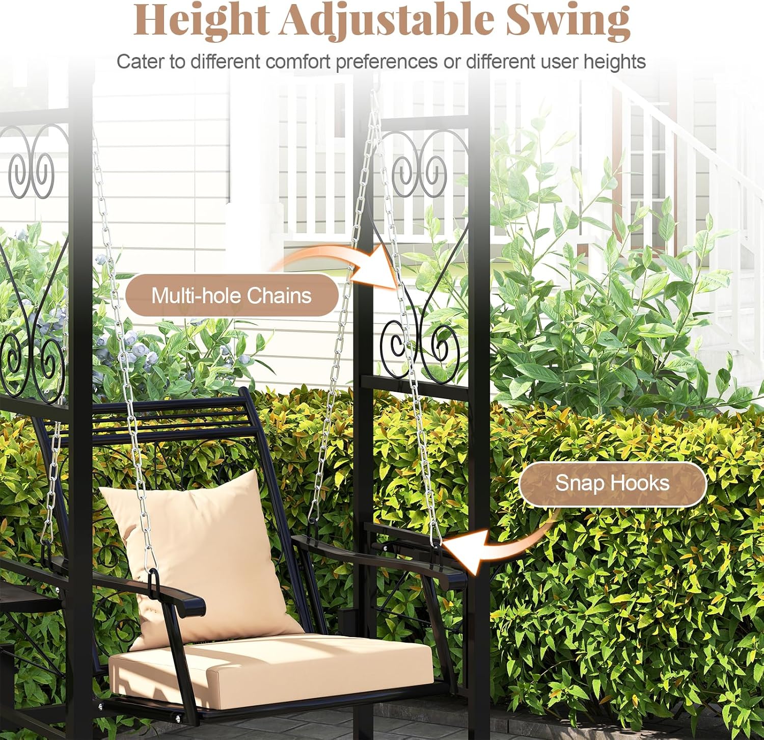 Porch Swing with Stand Canopy Side Tables Beige Black