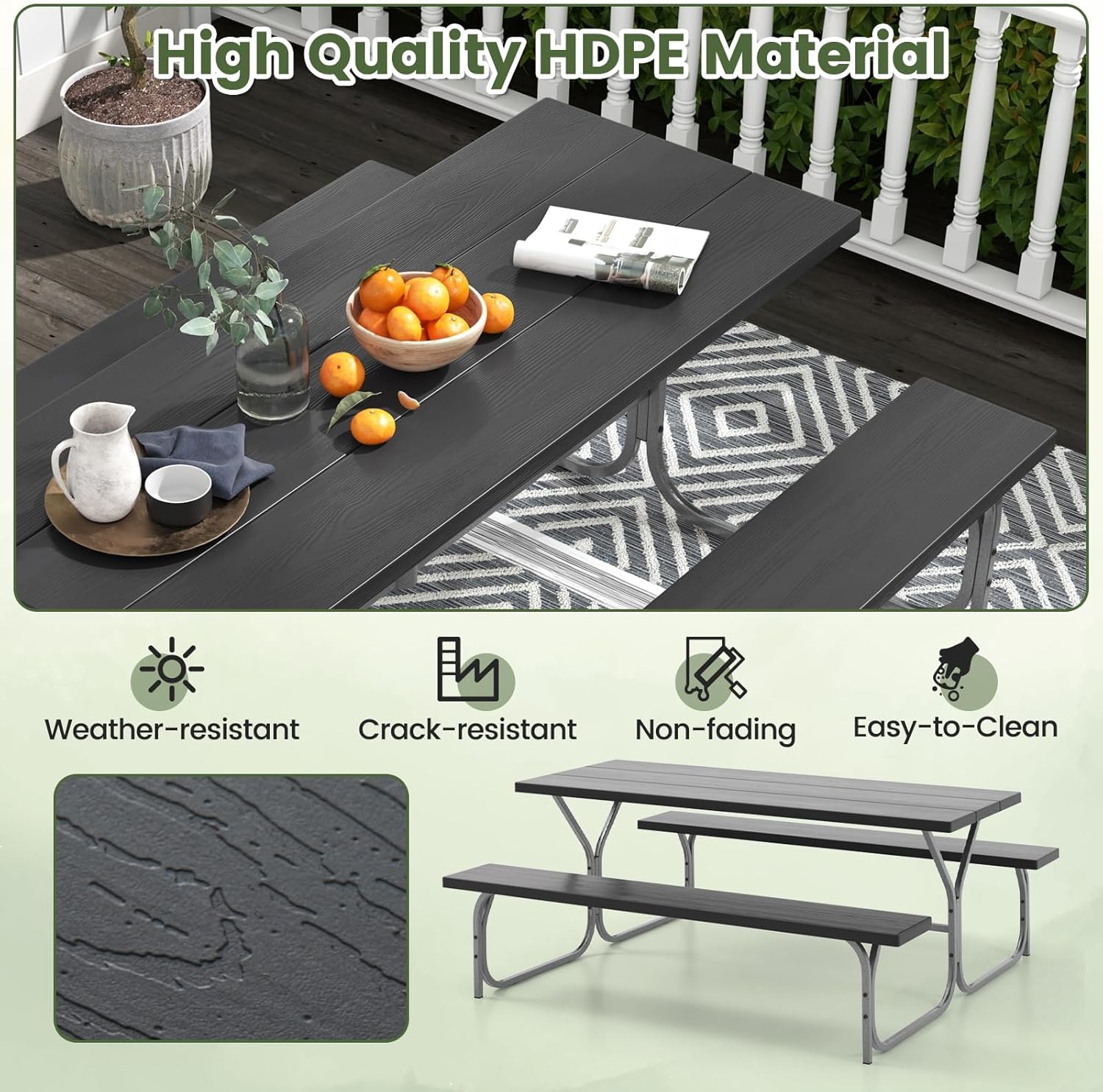 8 Seater Outdoor Picnic Table Bench Set w/Umbrella Hole Patio