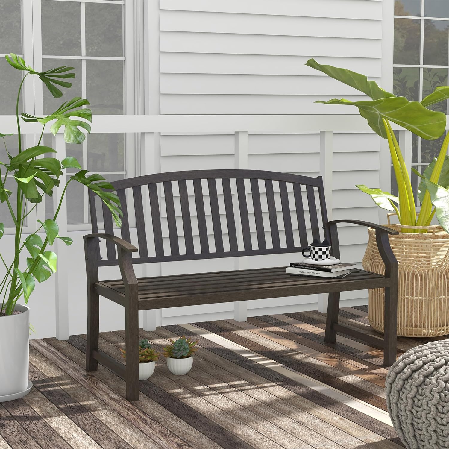 2 Seater Metal Garden Bench Outdoor Patio Seat w/Armrests