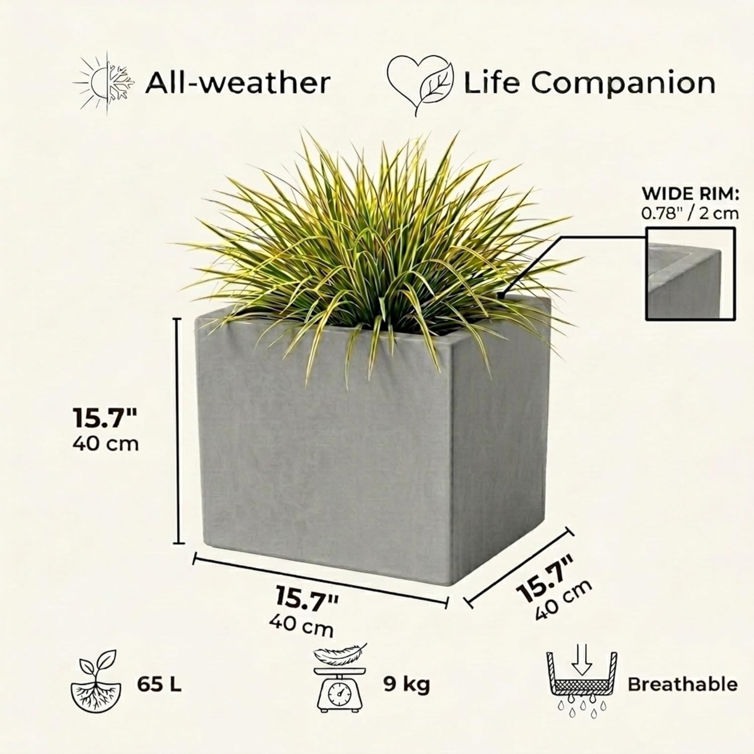 40cm Square Planter Grey Stone Effect Garden Pot Drainage