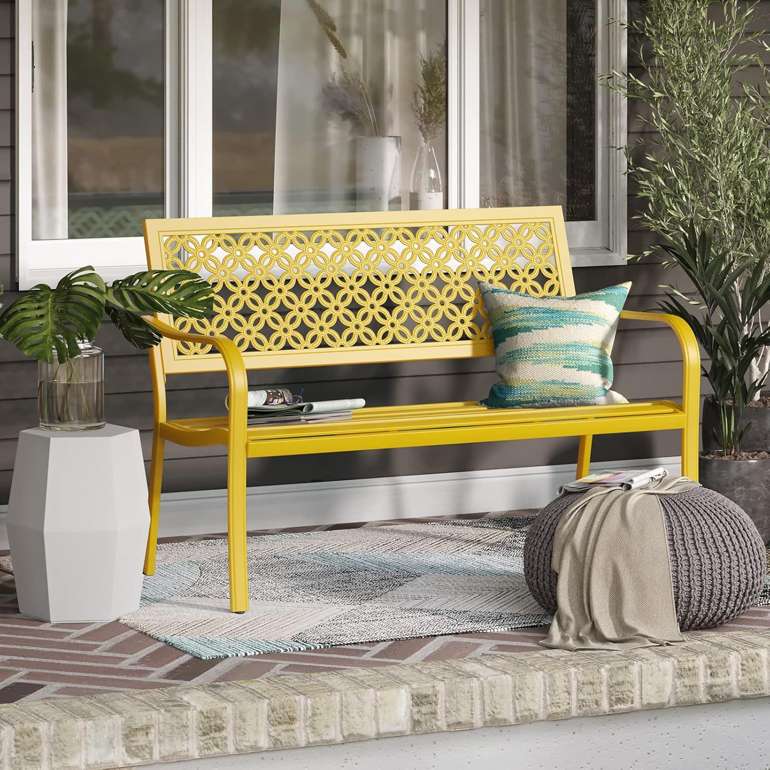 Yellow Metal Garden Bench 2–3 Seater Outdoor Patio Seat Rust Resistant