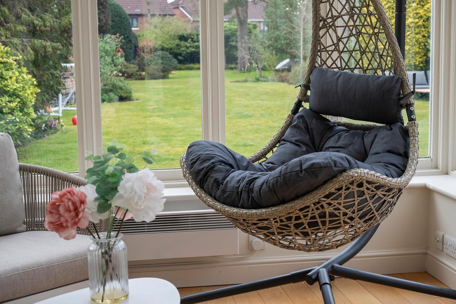 Hanging Swing Chair Grey Rattan Stand Cushion Set
