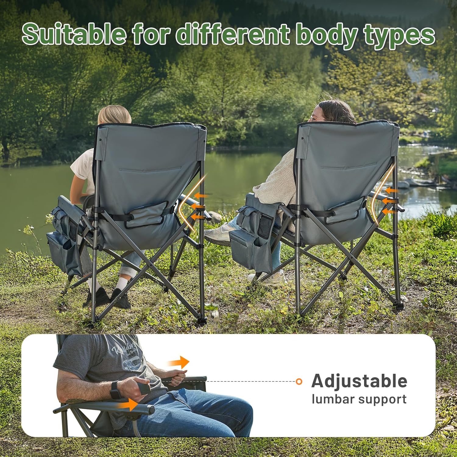 Heavy Duty Camping Chair with Lumbar Support Cooler Pocket Grey