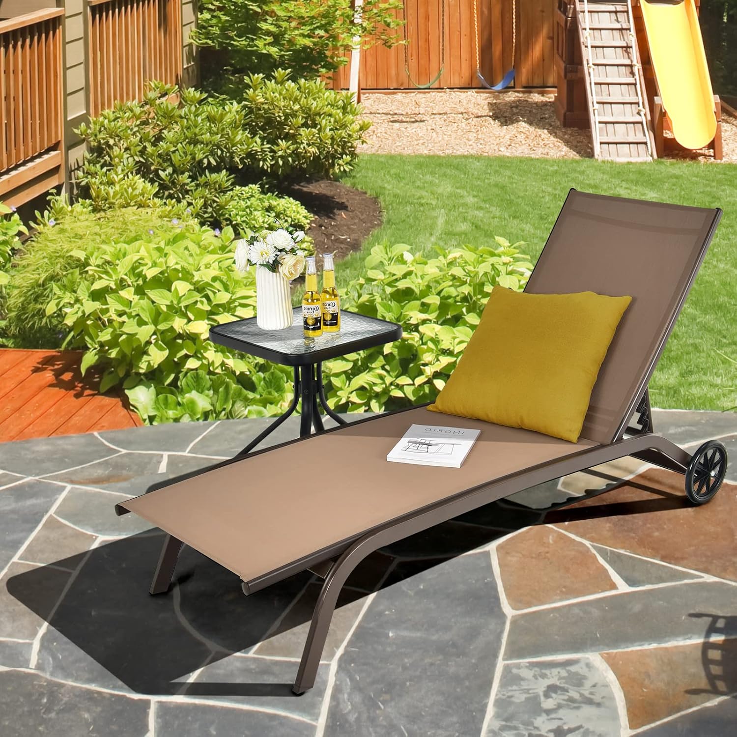 Portable Outdoor Chaise Lounge Chair with Wheels 6 Position Brown