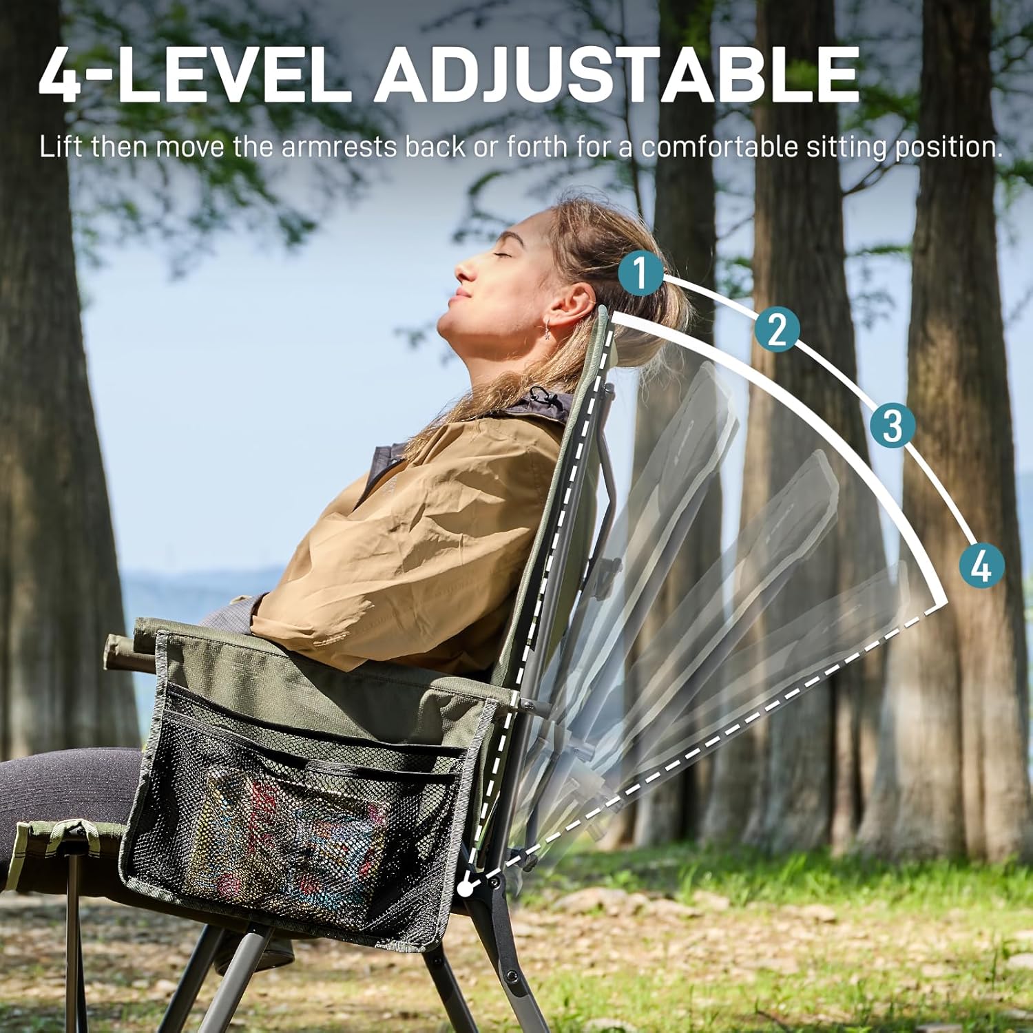 Reclining Camping Chair Heavy Duty Foldable 350lb Green