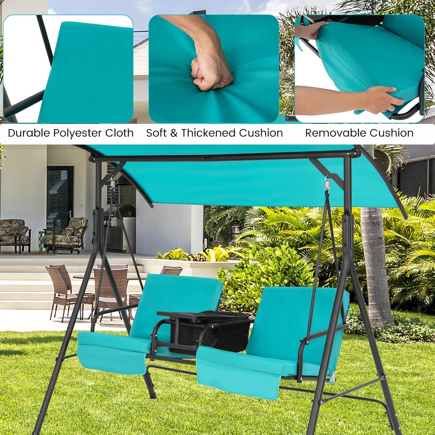 2 Person Garden Swing Chair Canopy Cooler Tray Turquoise