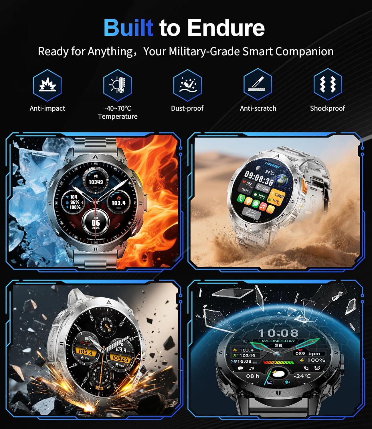 Mens AMOLED Smart Watch Bluetooth Call 730mAh LED Flashlight