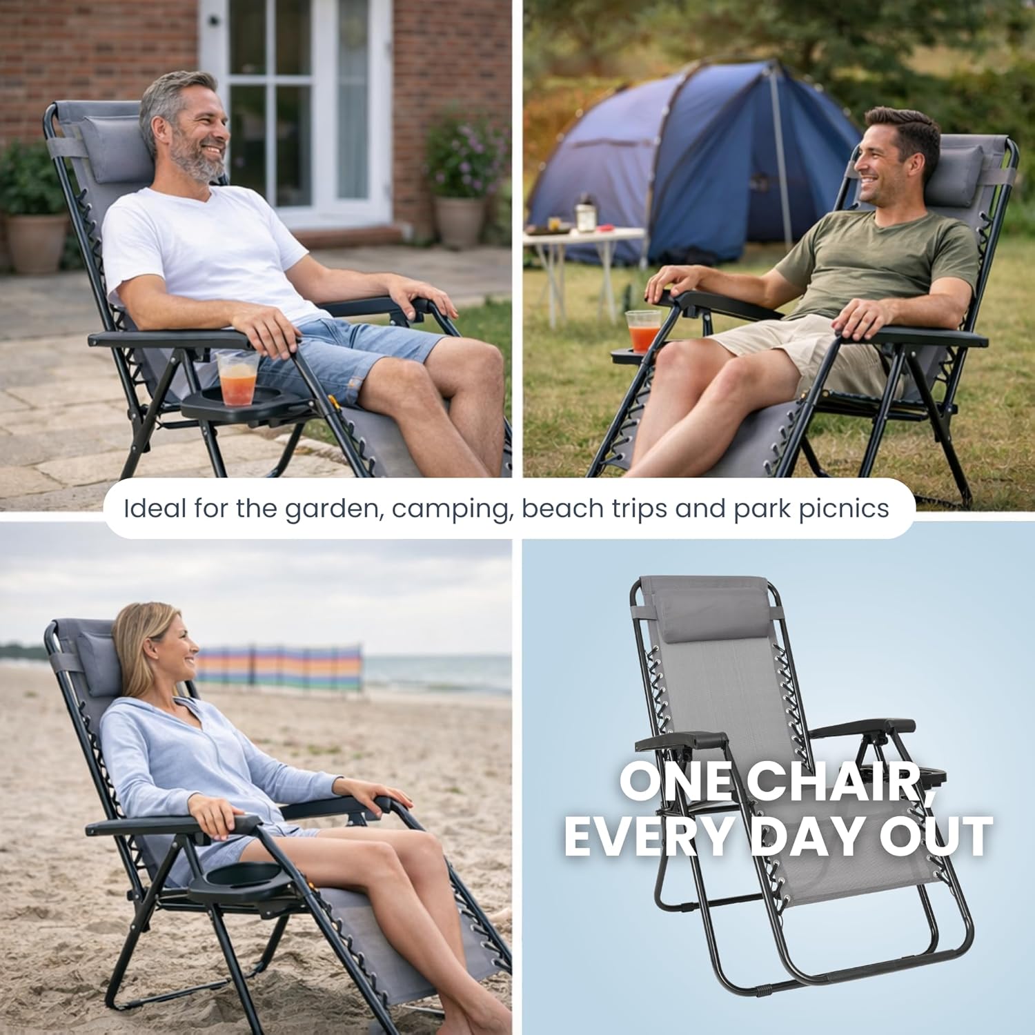 Zero Gravity Chairs Set of 2 Grey Reclining Sun Loungers