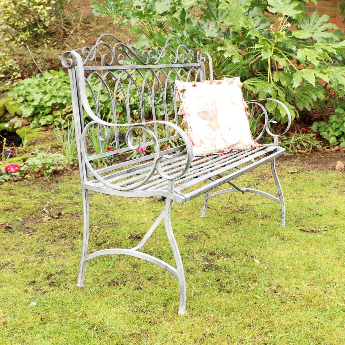 Ornate Metal Garden Bench Distressed White Patio Seat