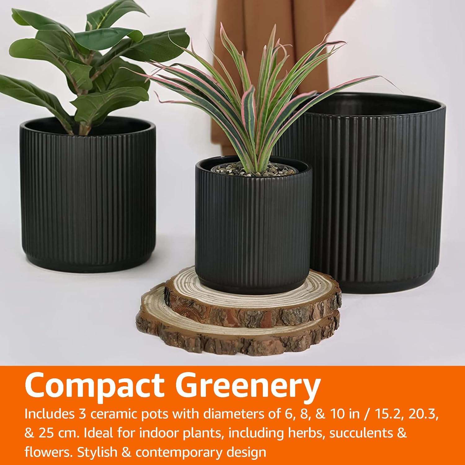 Ceramic Plant Pots Set of 3 Black Fluted Planters 15 20 25cm