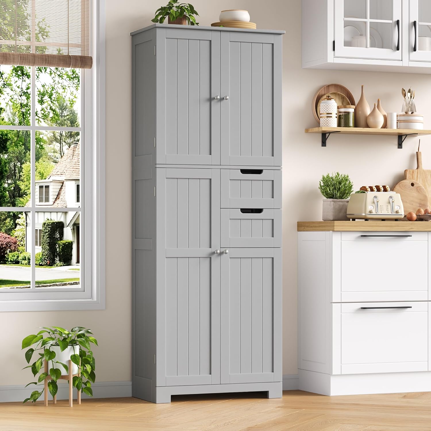 Tall Bathroom Storage Cabinet 2 Drawers Adjustable Shelves Grey