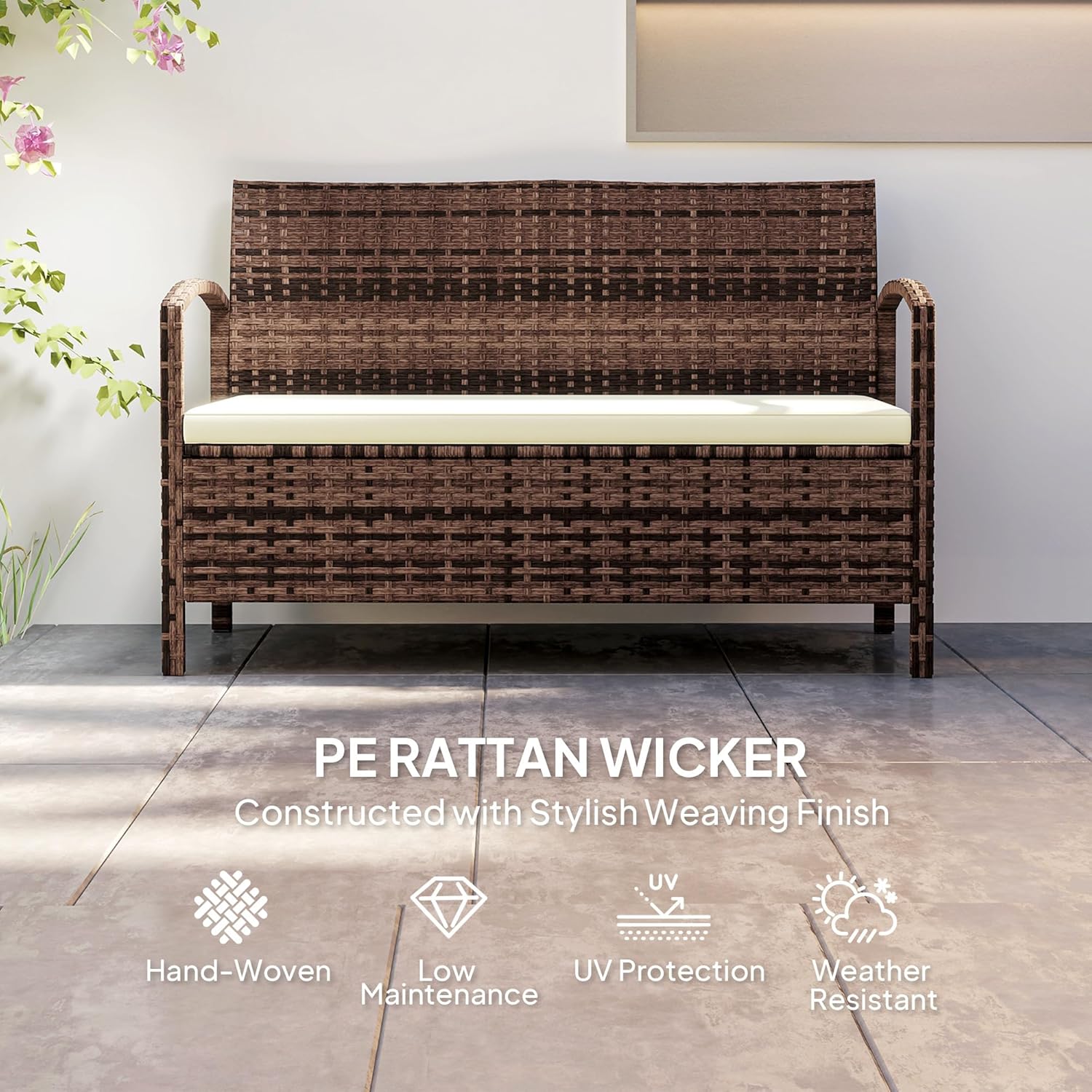 Rattan Garden Storage Bench 2 Seater with Cushion 125L Box