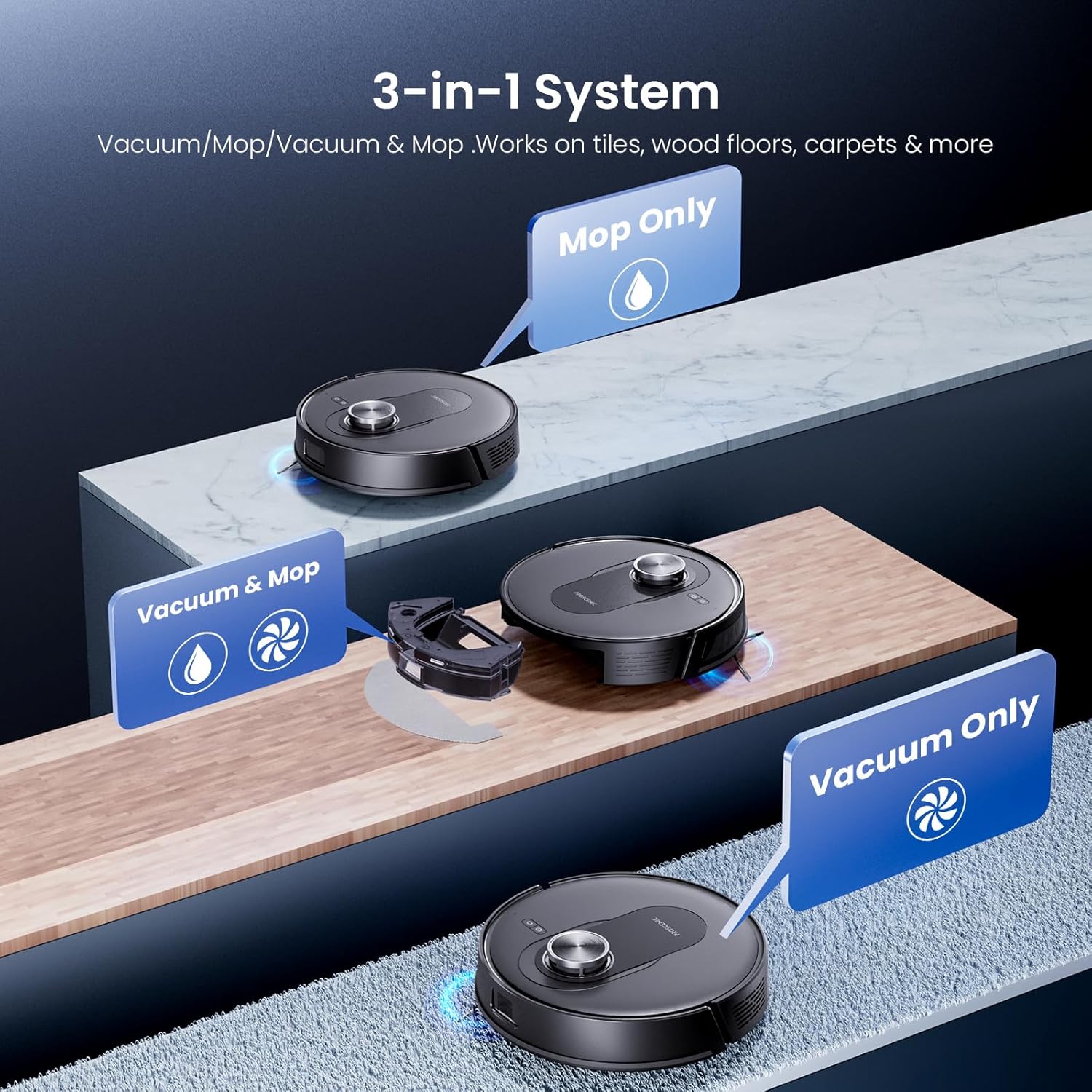 Robot Vacuum Mop 8000Pa LiDAR Mapping WiFi App 200Min Pet Hair