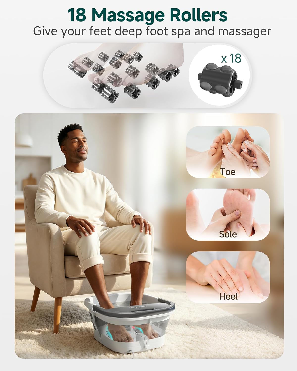 Foldable Foot Spa Massager Heat Bubble Vibration Rollers Temp