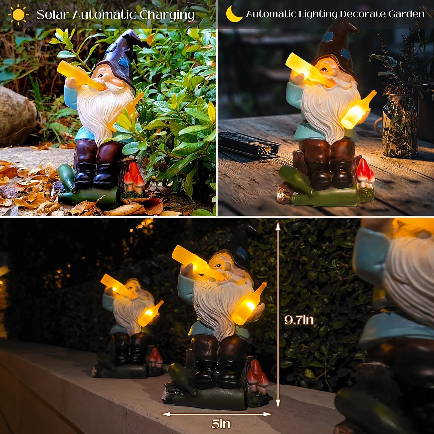 Solar Drunk Gnome Statue Bottle Light Garden Decor Outdoor 26cm