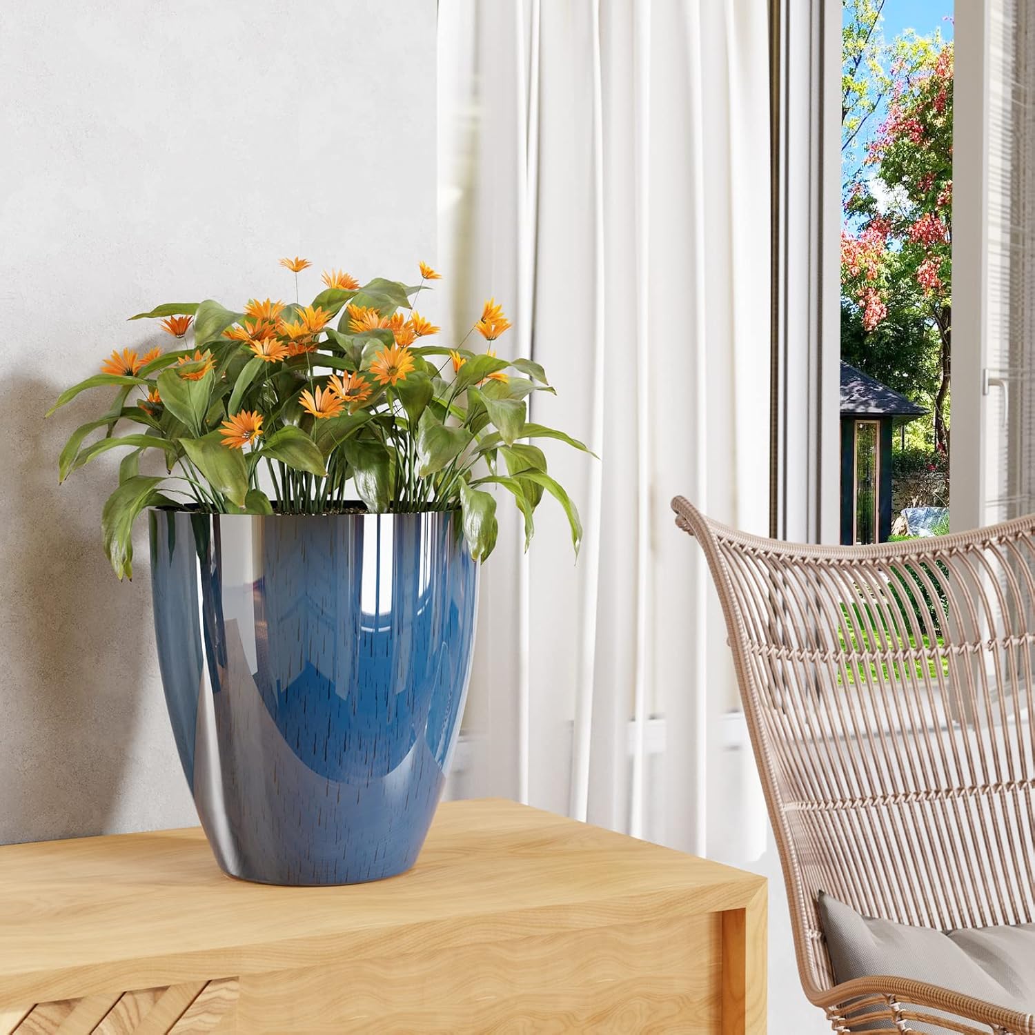 Set of 2 Blue Plant Pots 10 Inch Modern Planters Indoor Outdoor