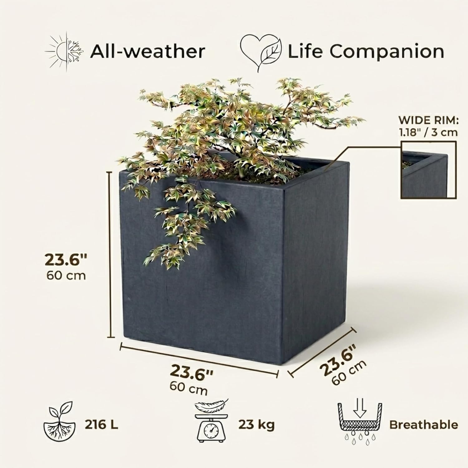 60cm Large Square Planter Dark Grey Stone Effect Tree Pot