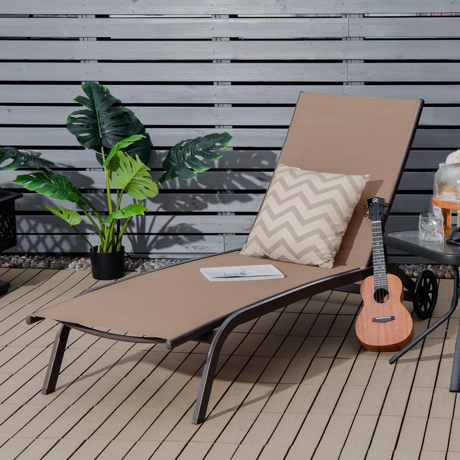 Garden Sun Lounger with Wheels 6 Position Recliner Brown