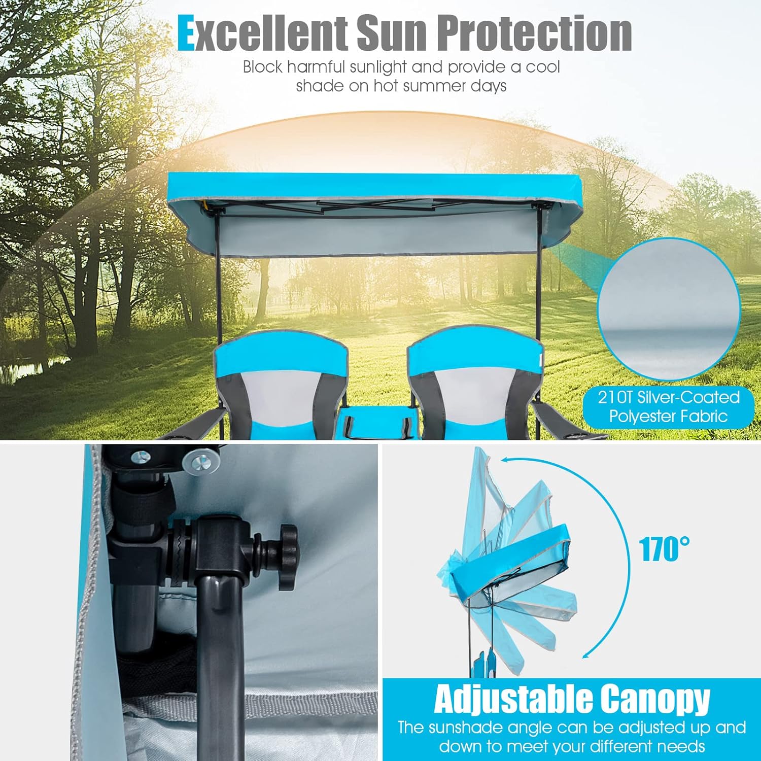 Double Camping Chair with Canopy Cooler Bag Cup Holders Blue