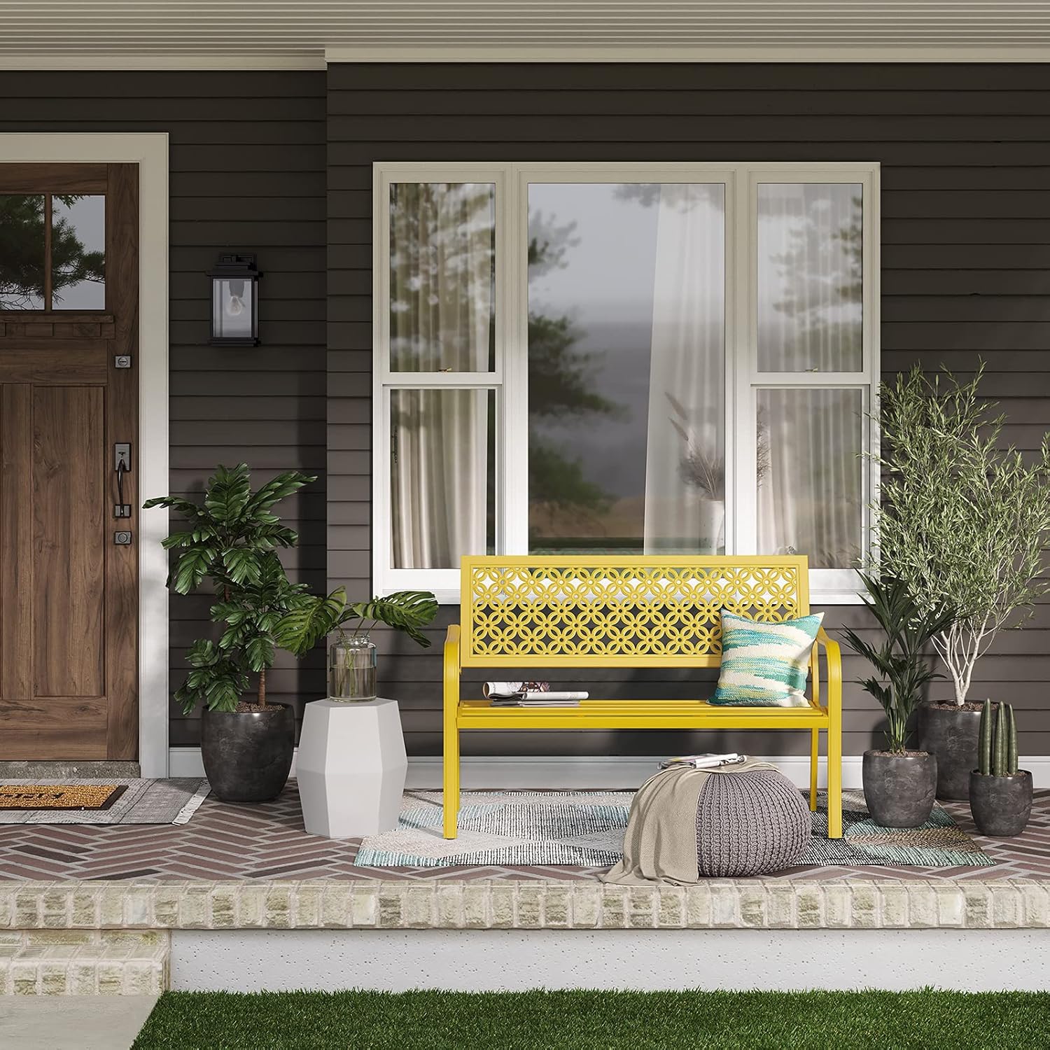 Yellow Metal Garden Bench 2–3 Seater Outdoor Patio Seat Rust Resistant