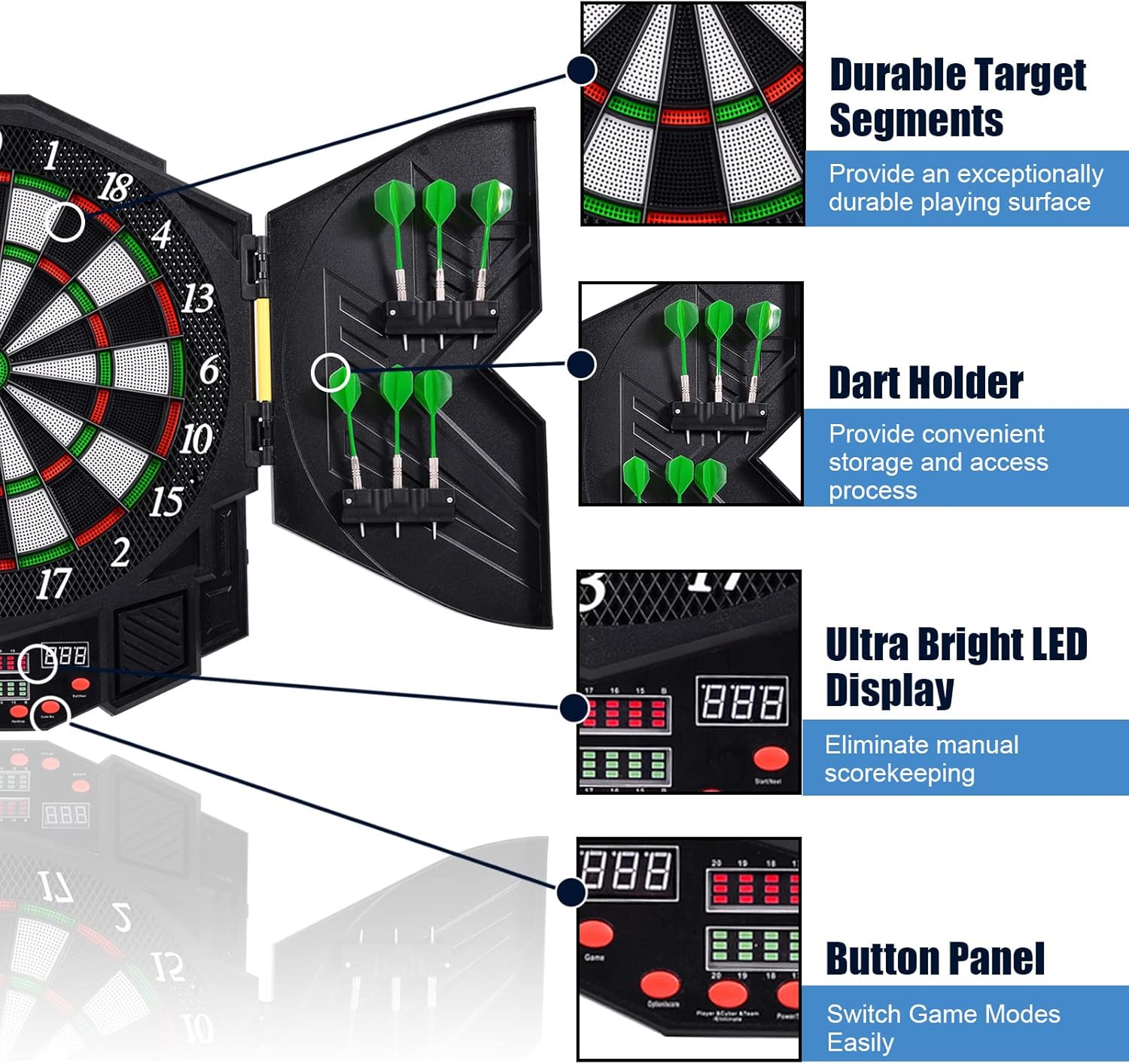 Electronic Dartboard Cabinet LED Auto Scoring 216 Games 12 Darts