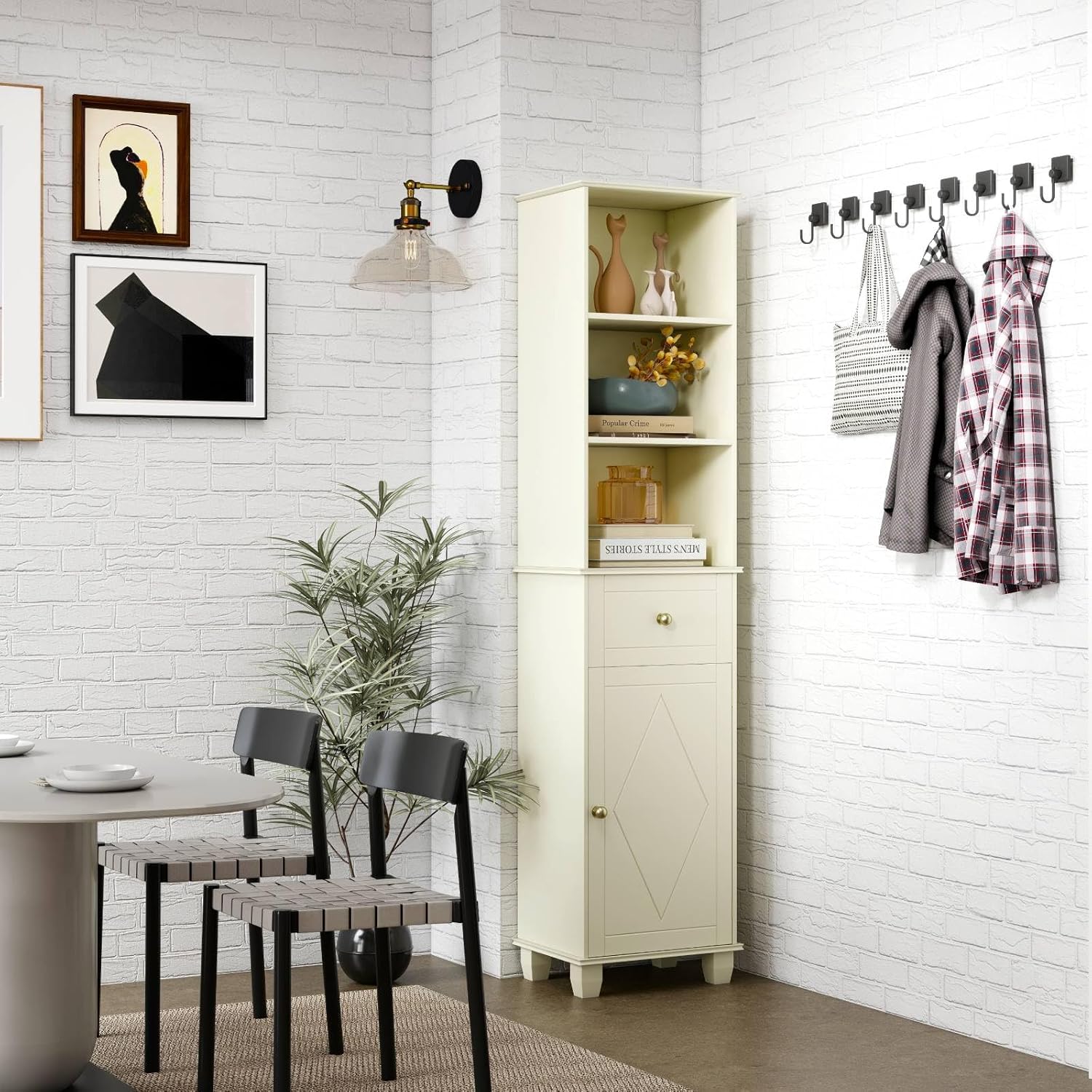 Slim Tall Storage Cabinet Beige Drawer Shelf Door Unit