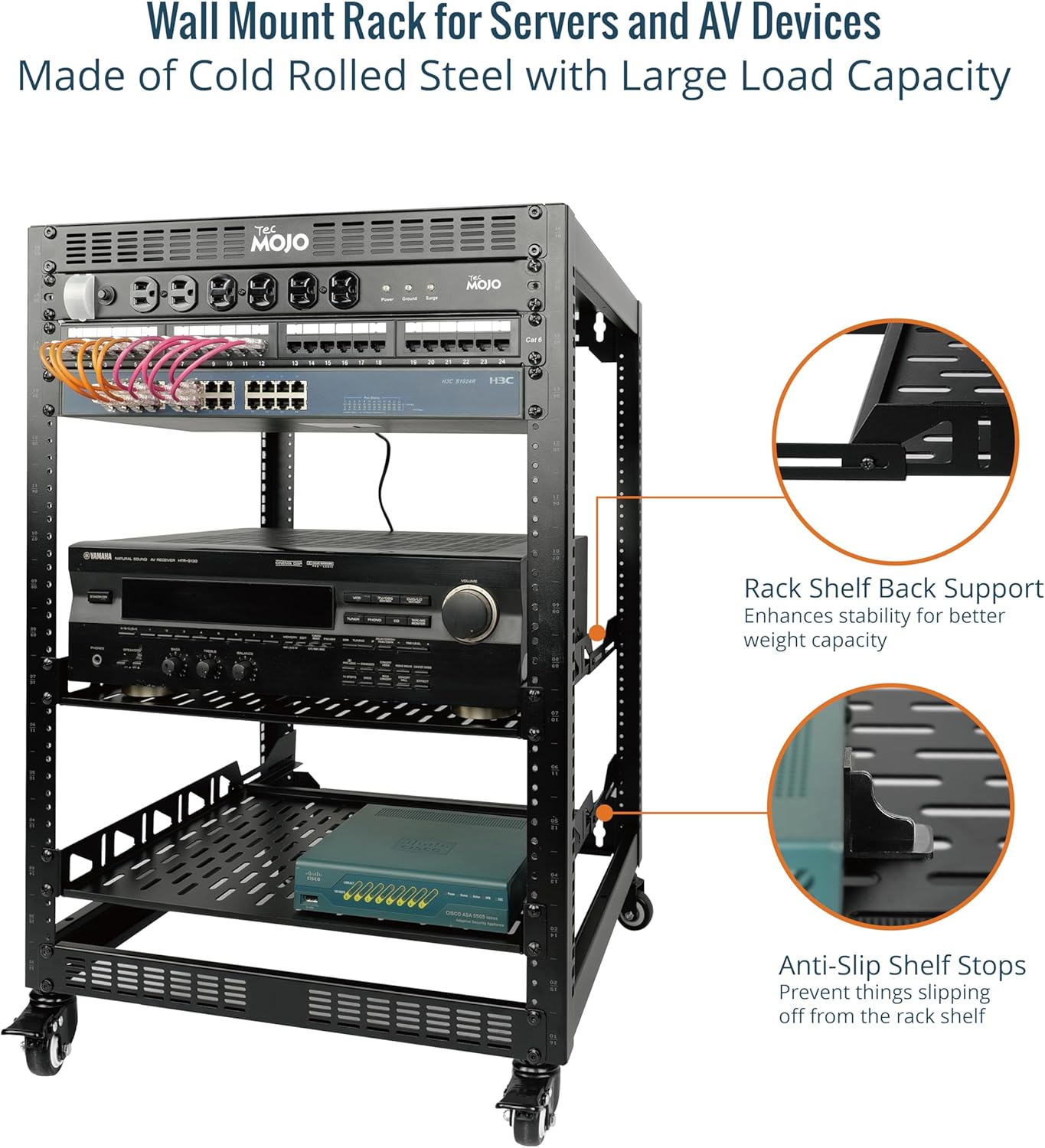 16U Open Frame Network Rack with Wheels 4 Post AV Stand